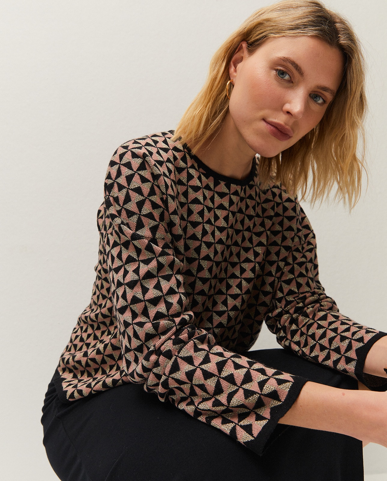 Camisola com Jacquard e Comprida Rosa / Preto-4