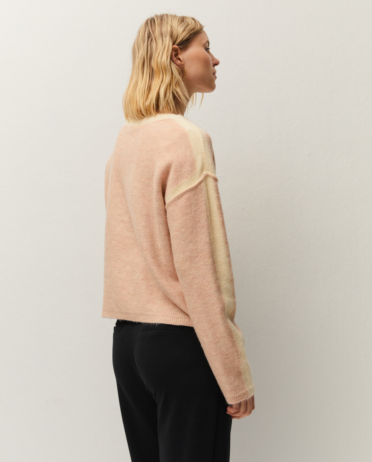 Camisola de Gola em V e Manga Comprida Rosa-claro-2