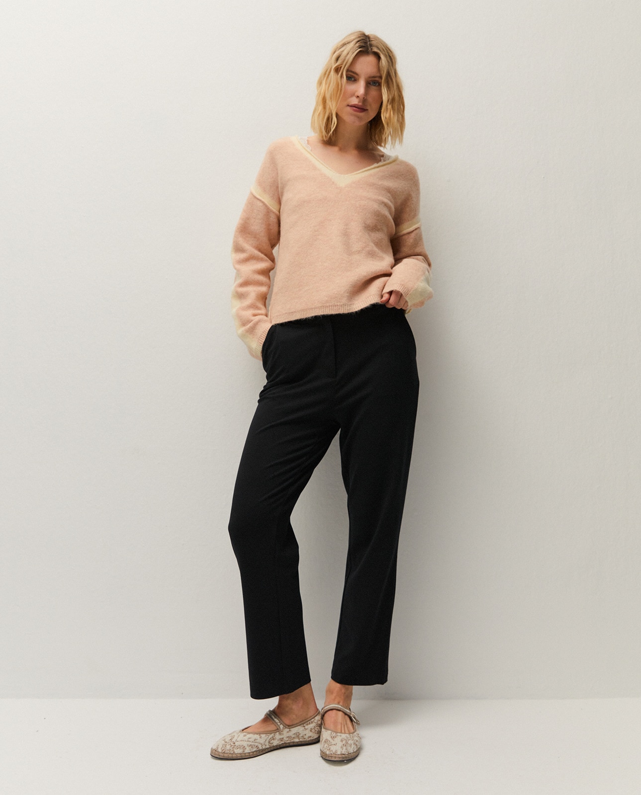 Camisola de Gola em V e Manga Comprida Rosa-claro-3