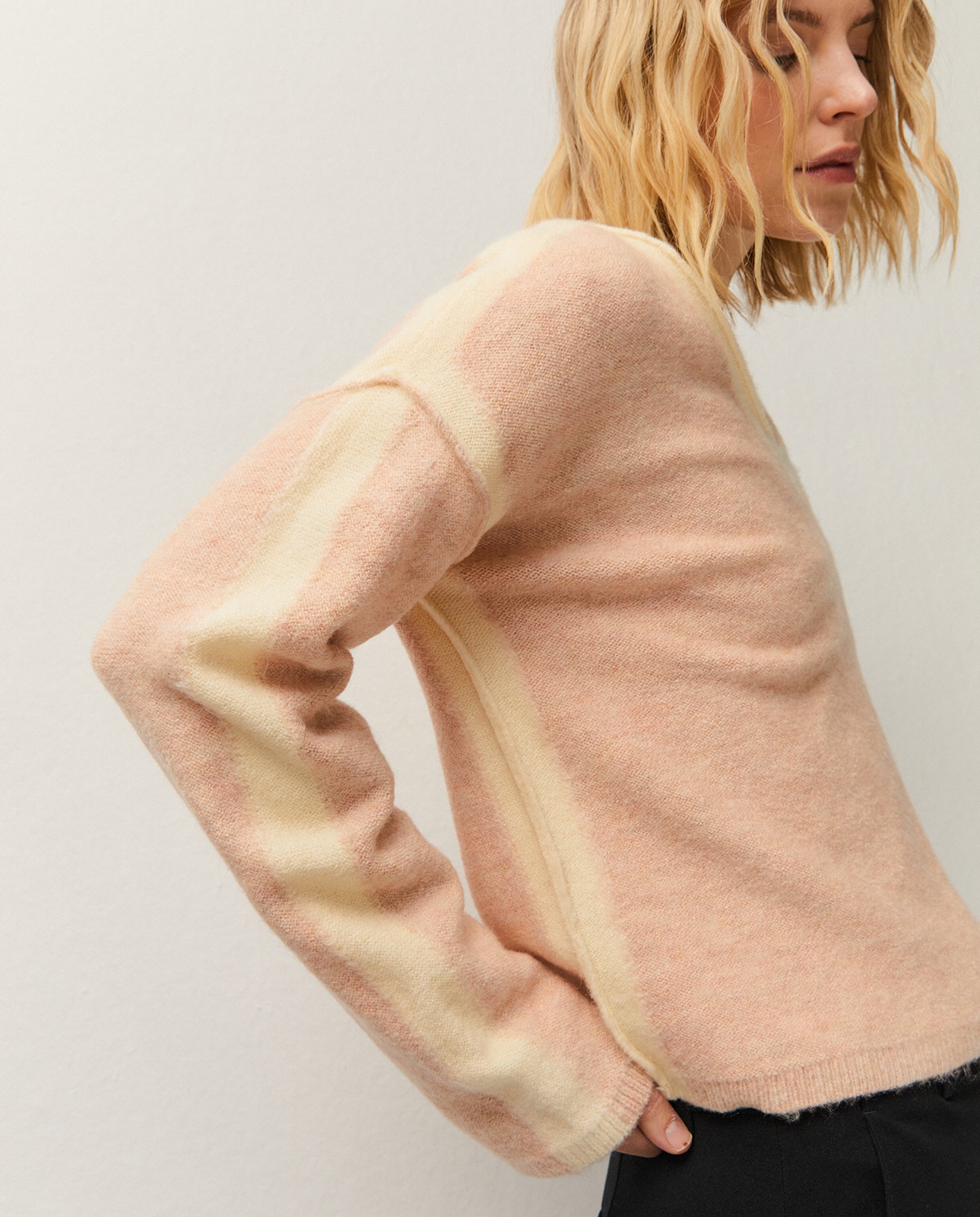 Camisola de Gola em V e Manga Comprida Rosa-claro-4