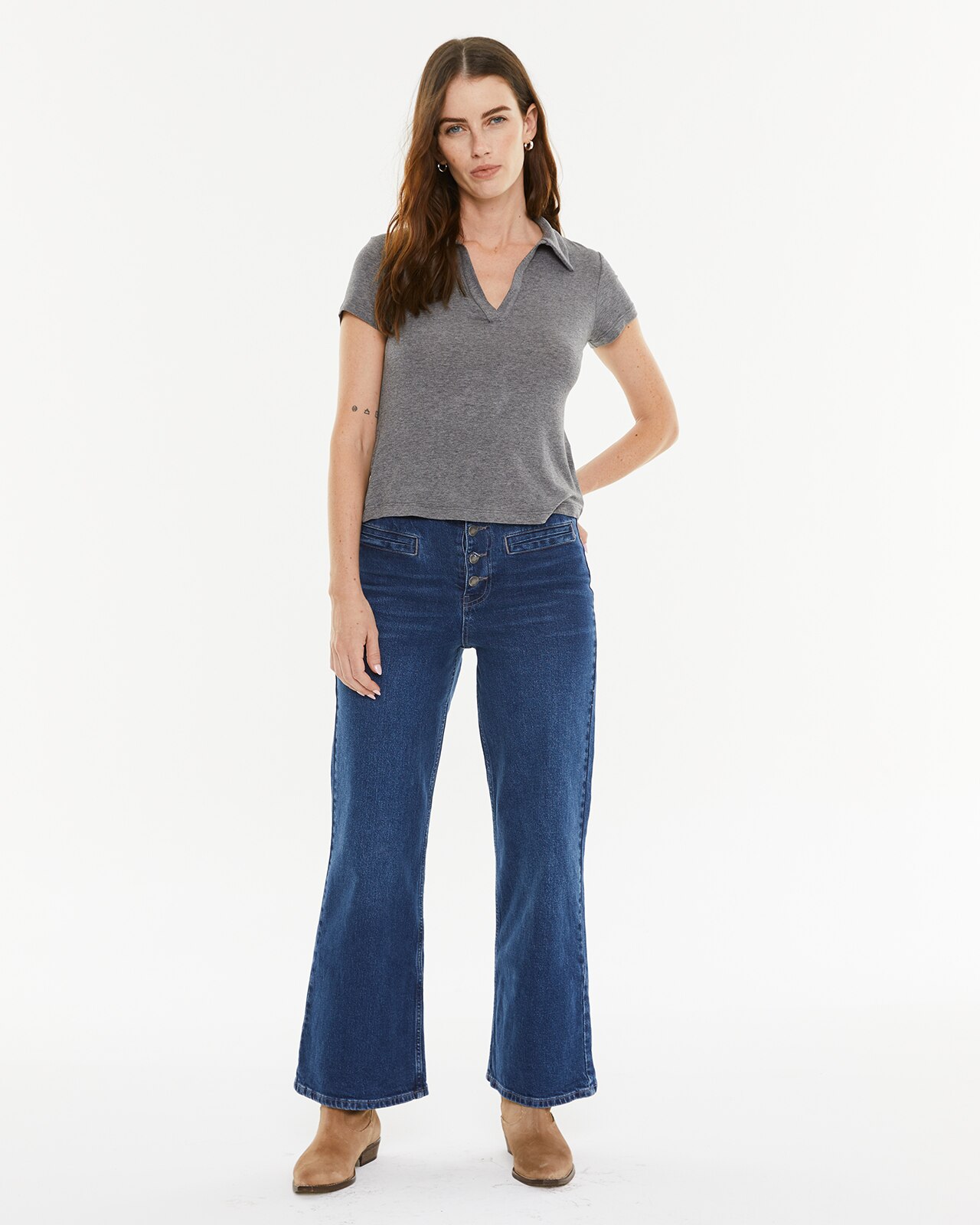 T-shirt com Decote Polo Cinzento-3