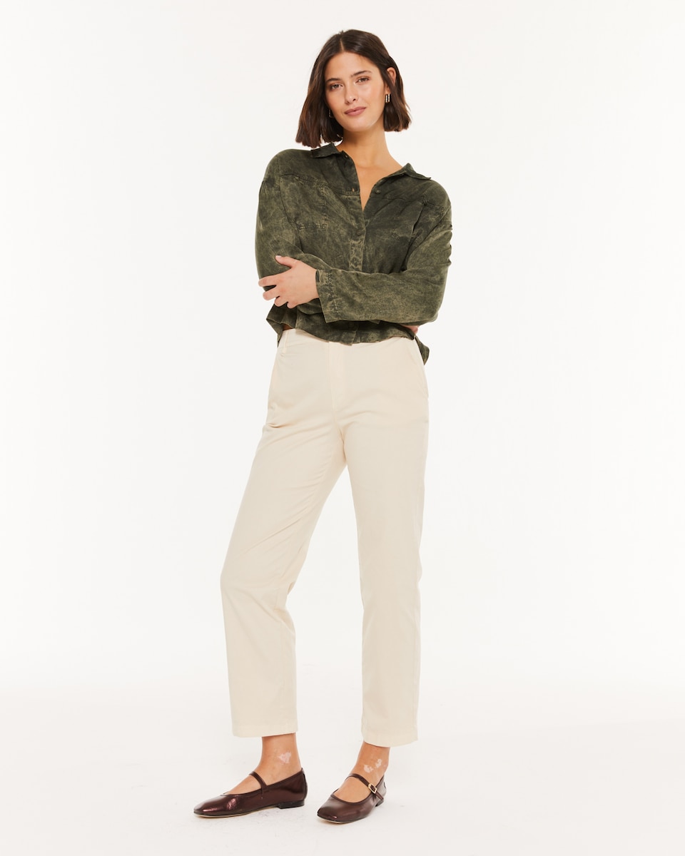 Calças Retas em Algodão e Fecho com Botão Cru-1