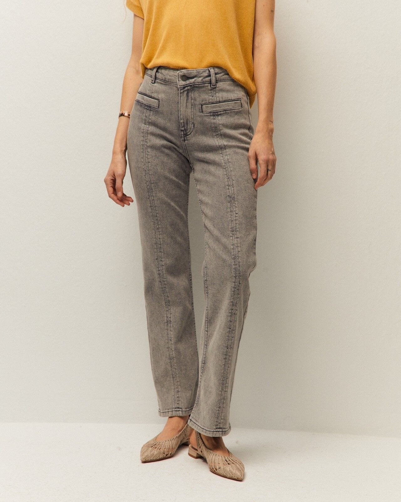 Jeans com Corte a Direito com Fecho Frontal com Botão e Fecho Zip Cinzento-claro-3