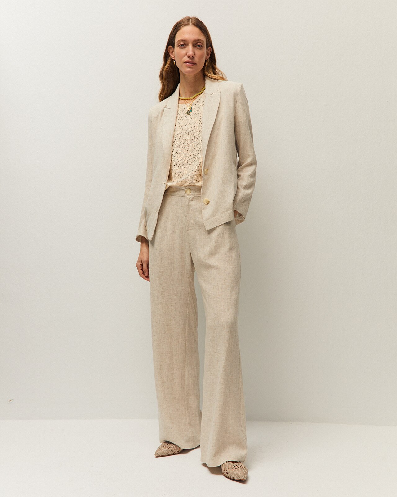 Blazer Fluido de Linho com Bolsos de Vivo Bege-3