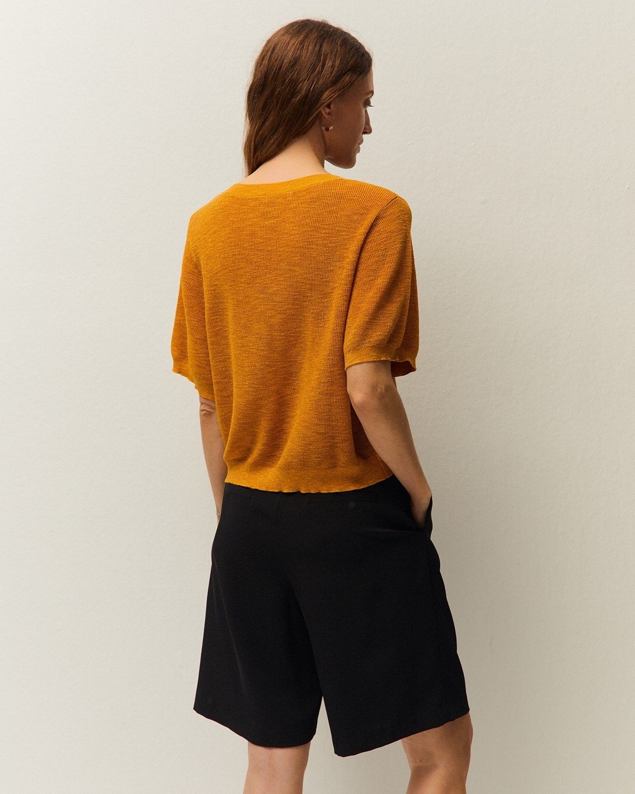 Camisola de Lurex e Manga Curta Mostarda-2