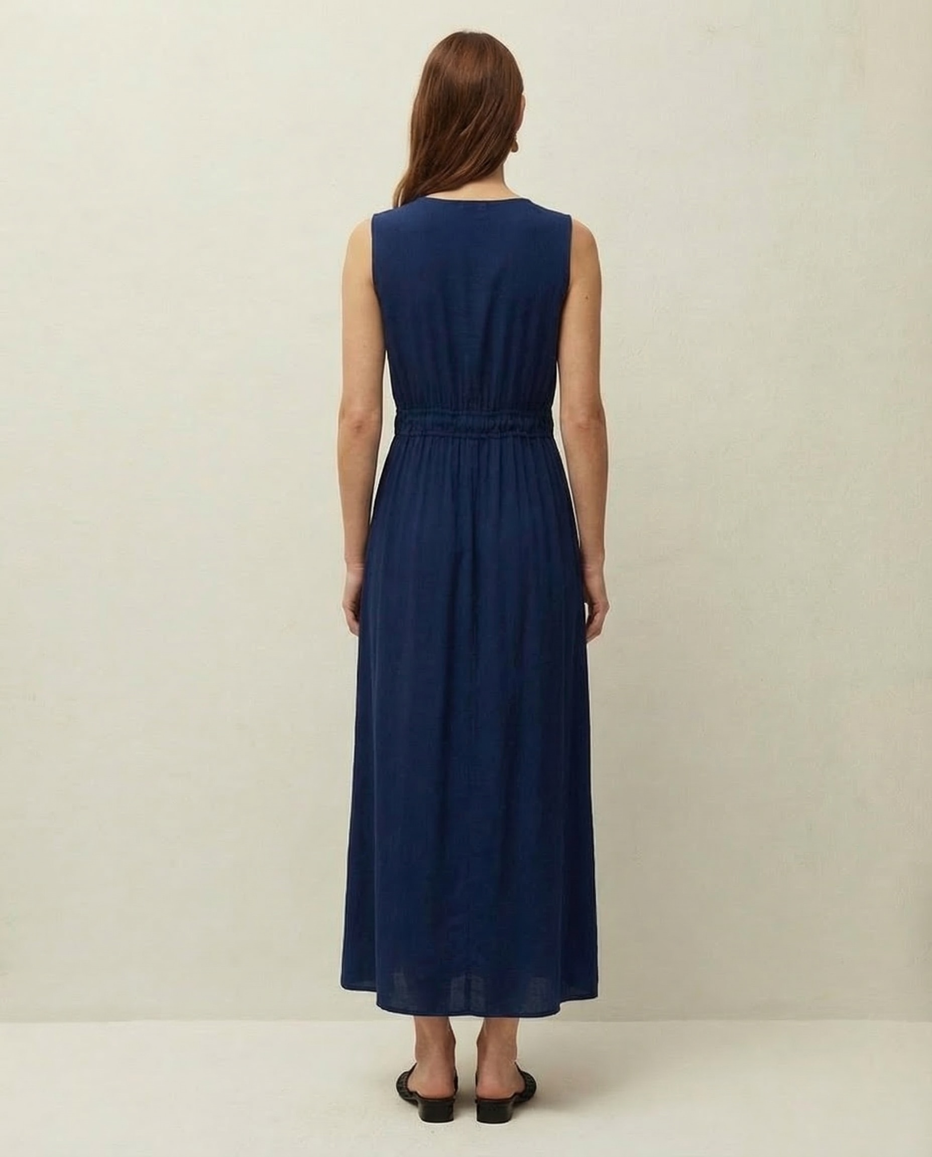 Vestido Midi com Gola em V e sem Mangas Azul-marinho-2