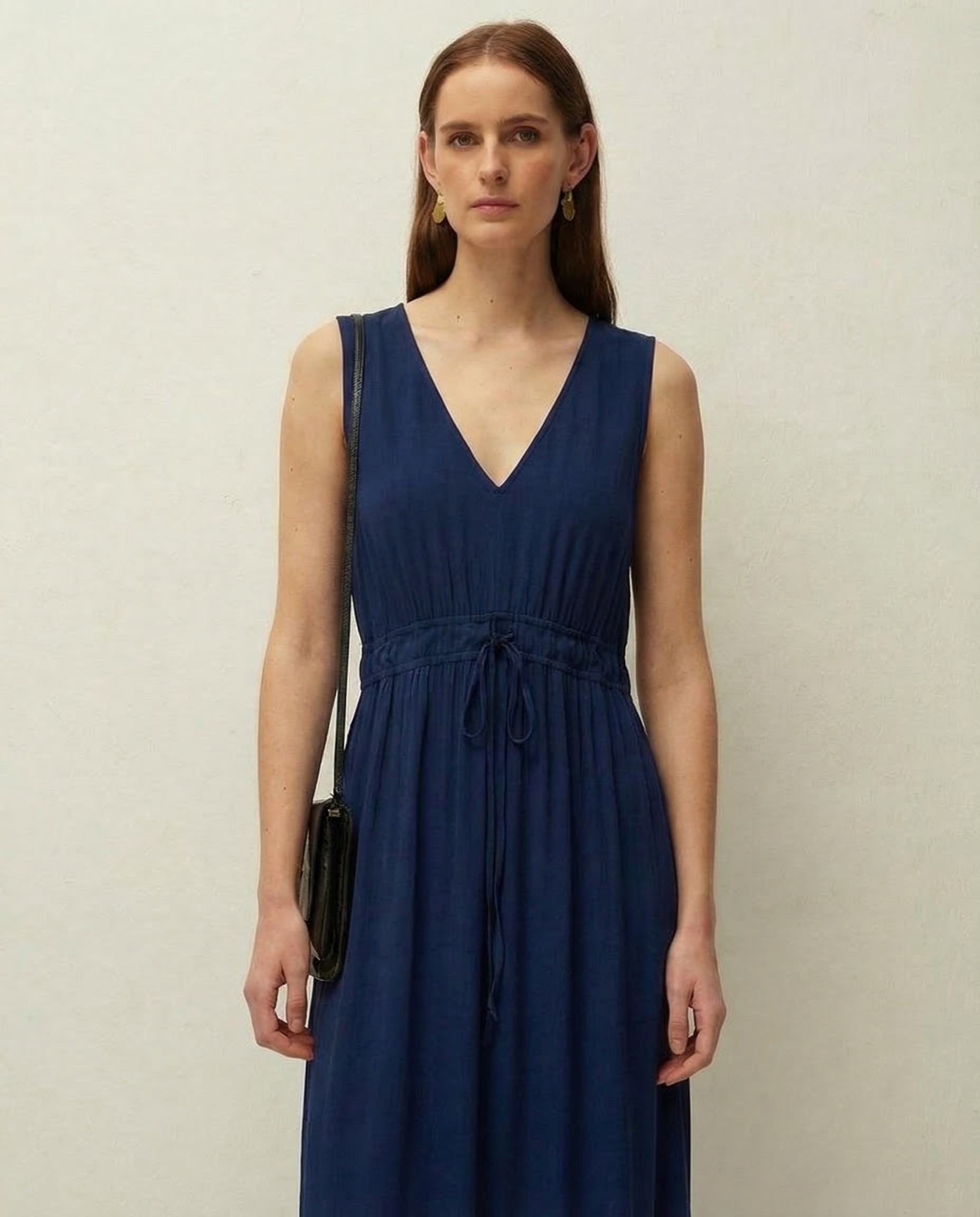 Vestido Midi com Gola em V e sem Mangas Azul-marinho-3