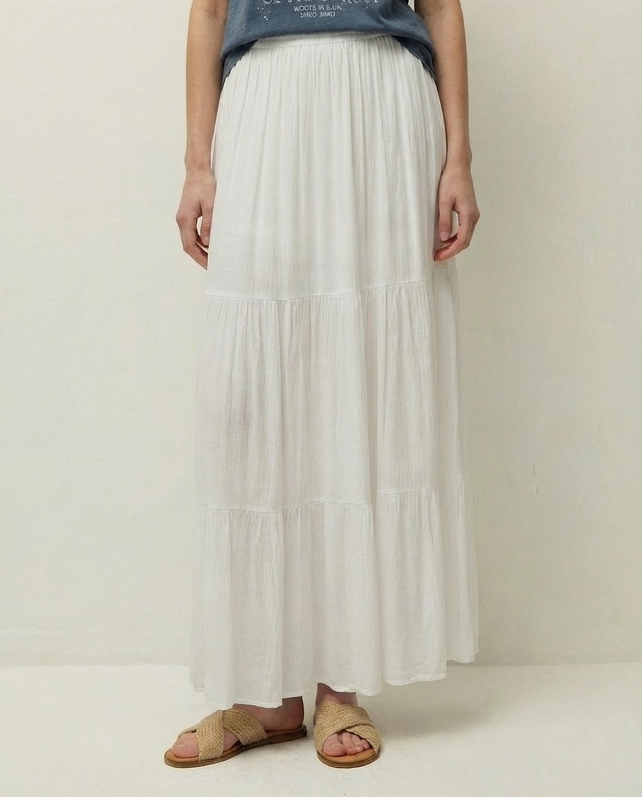 Saia Midi de Bambula com Elástico na Cintura e Detalhe de Três Folhos Branco-3