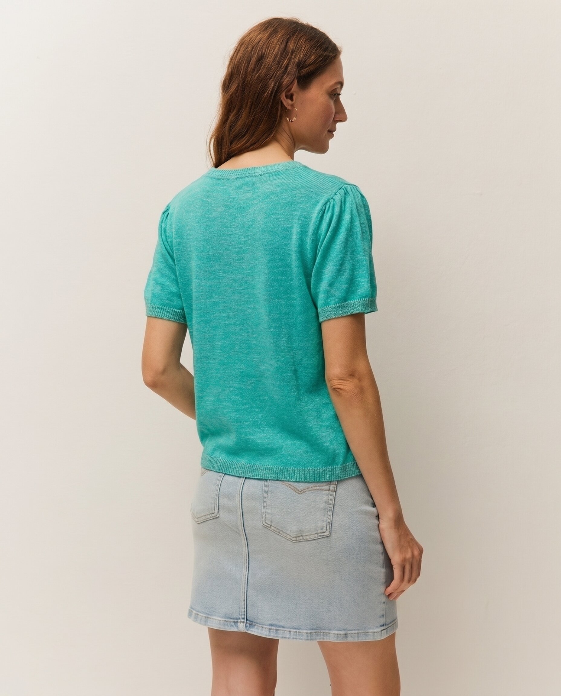 Camisola com Decote em V e Manga Curta Turquesa-2
