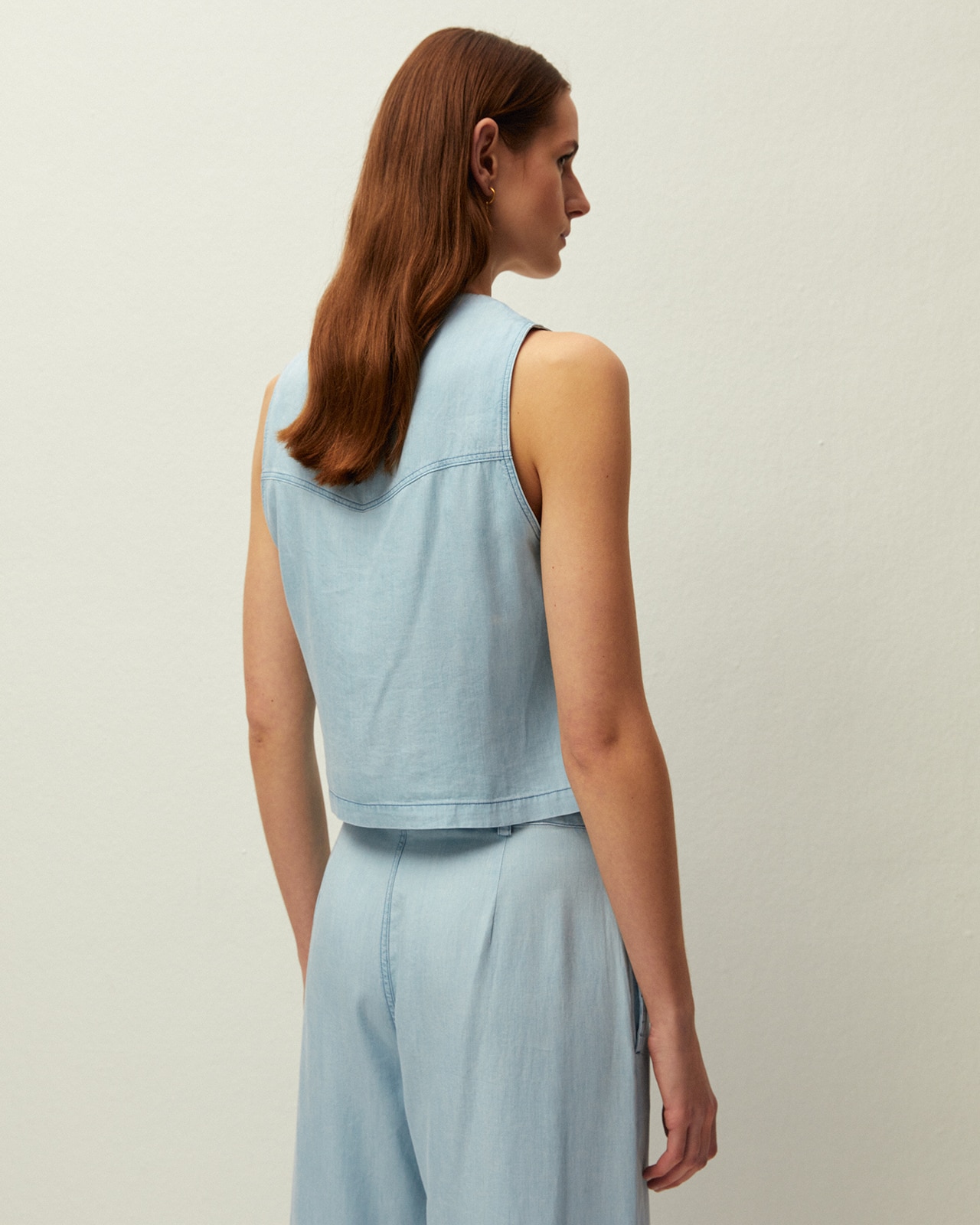 Colete de Tencel com Efeito Denim e Decote em V Azul-2