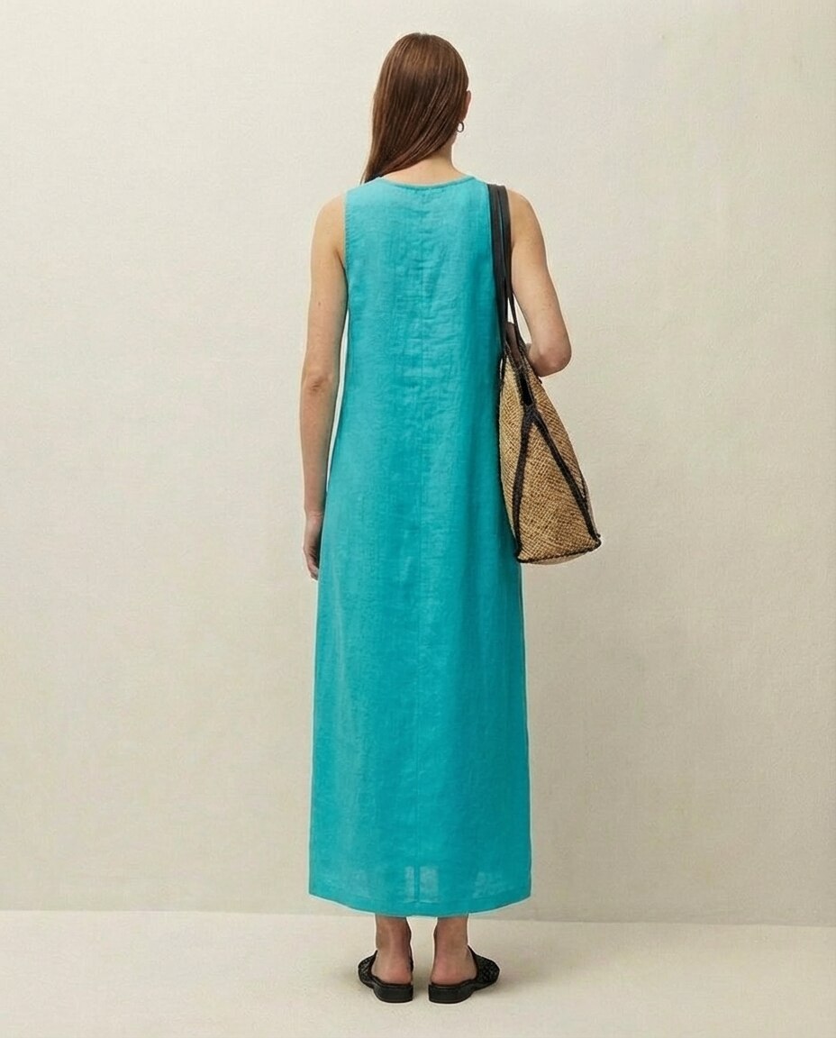 Vestido Comprido de Linho com Decote Redondo e sem Mangas Turquesa-2