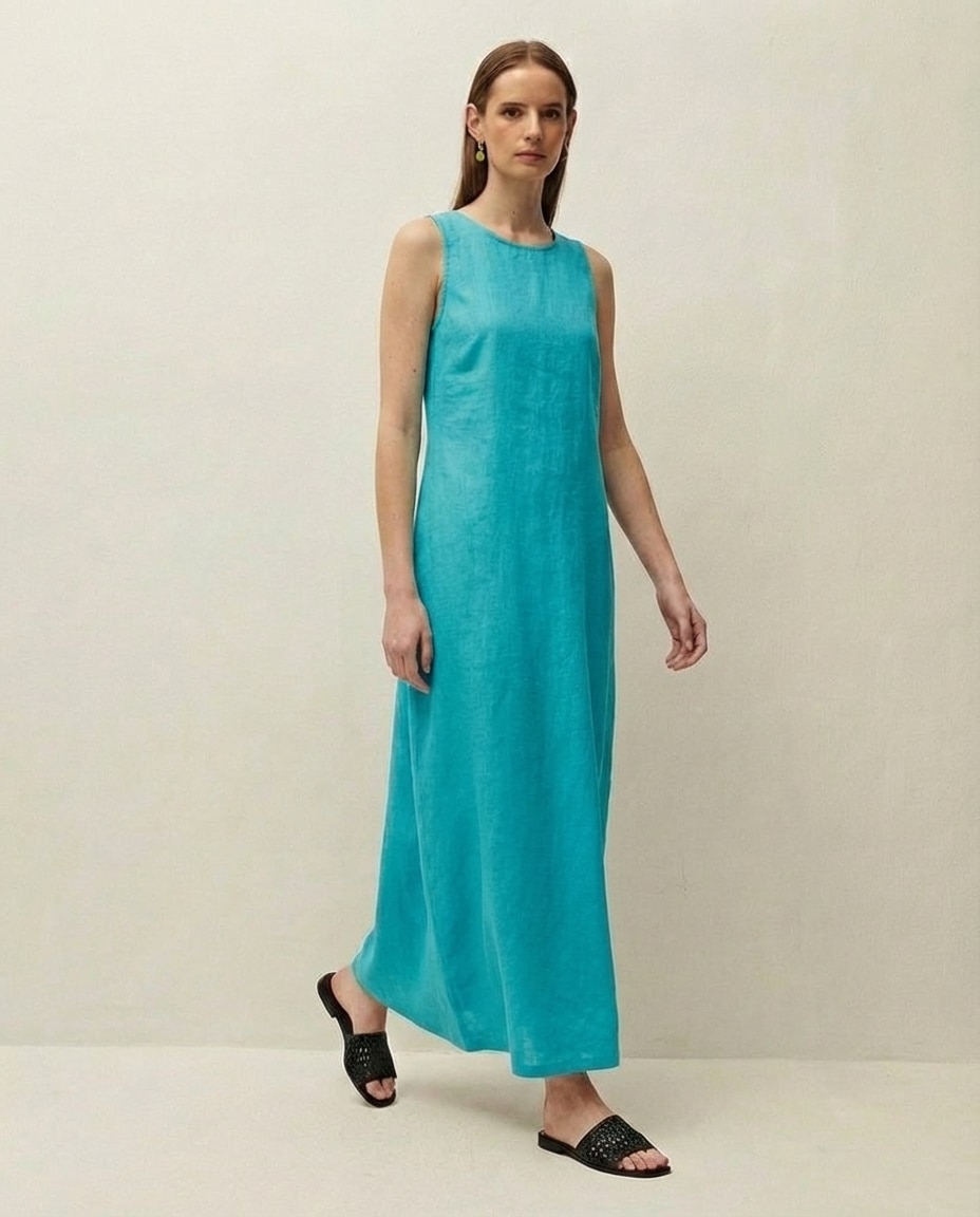 Vestido Comprido de Linho com Decote Redondo e sem Mangas Turquesa-3