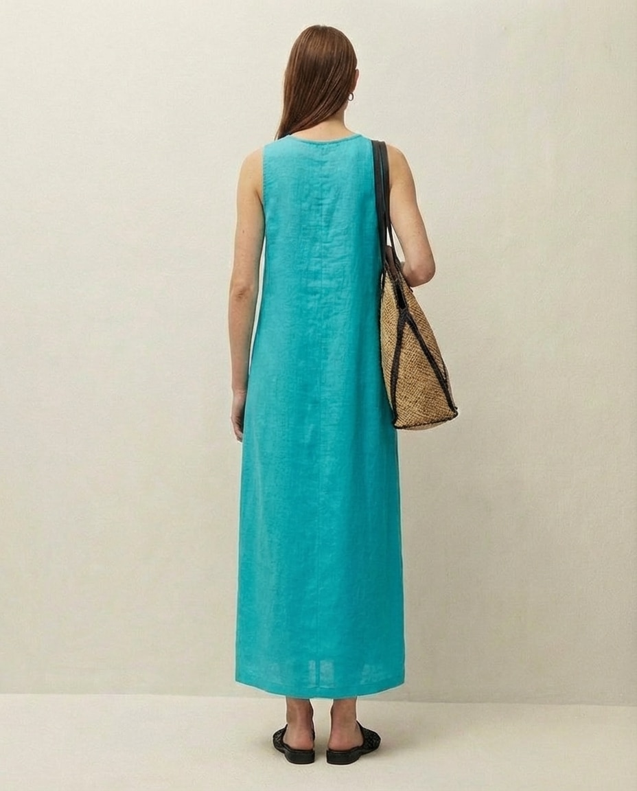 Vestido Comprido de Linho com Decote Redondo e sem Mangas Turquesa-2