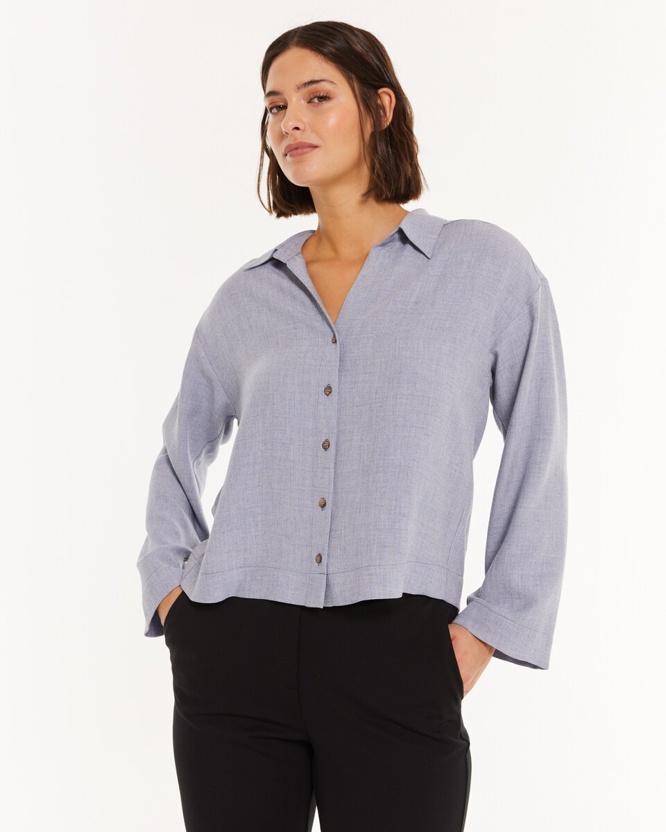 Camisa Fluida com Gola Tipo Camisa e Ombro Caído Azul-celeste-1