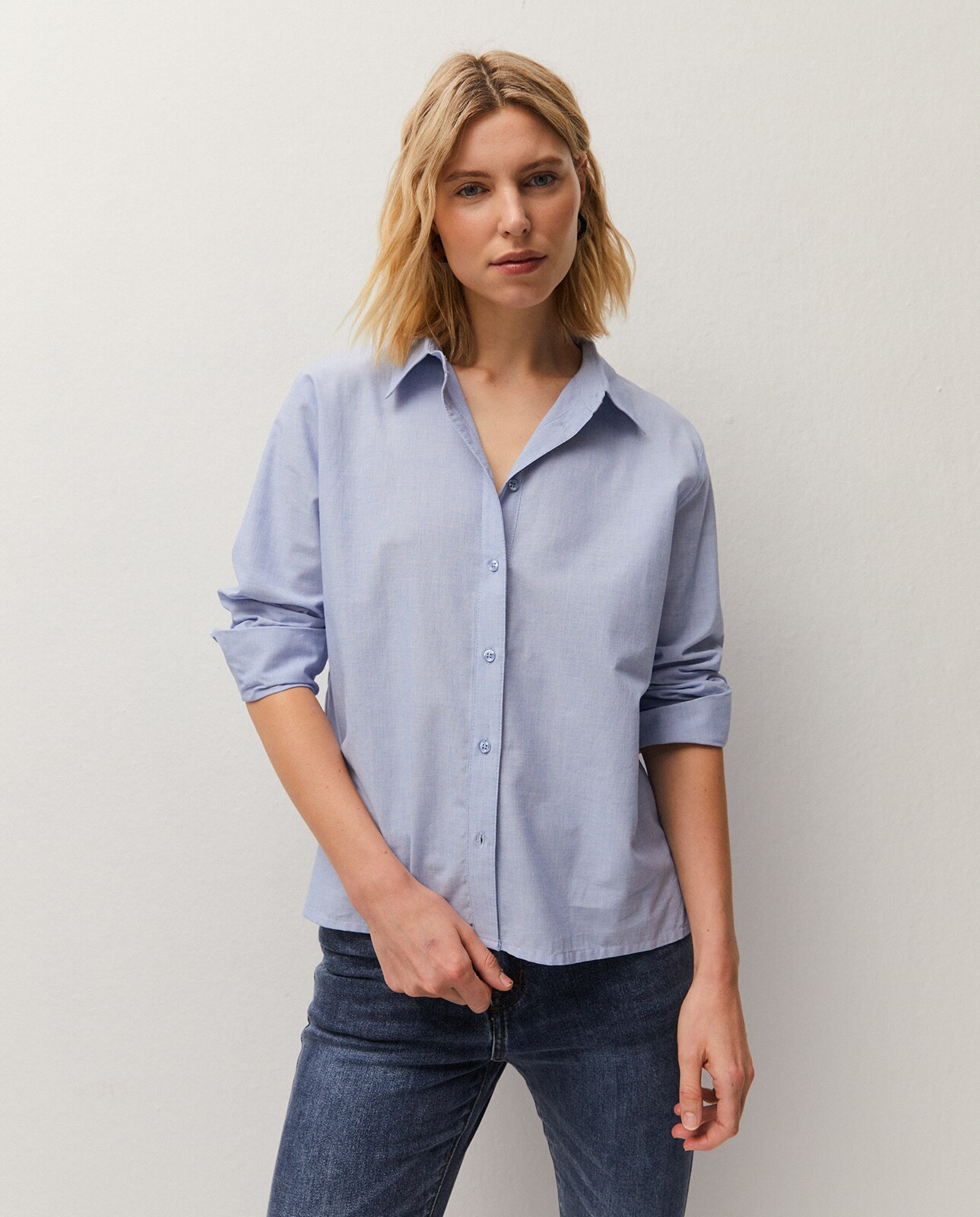 Camisa de Fio com Decote Tipo Camisa Azul-índigo-1