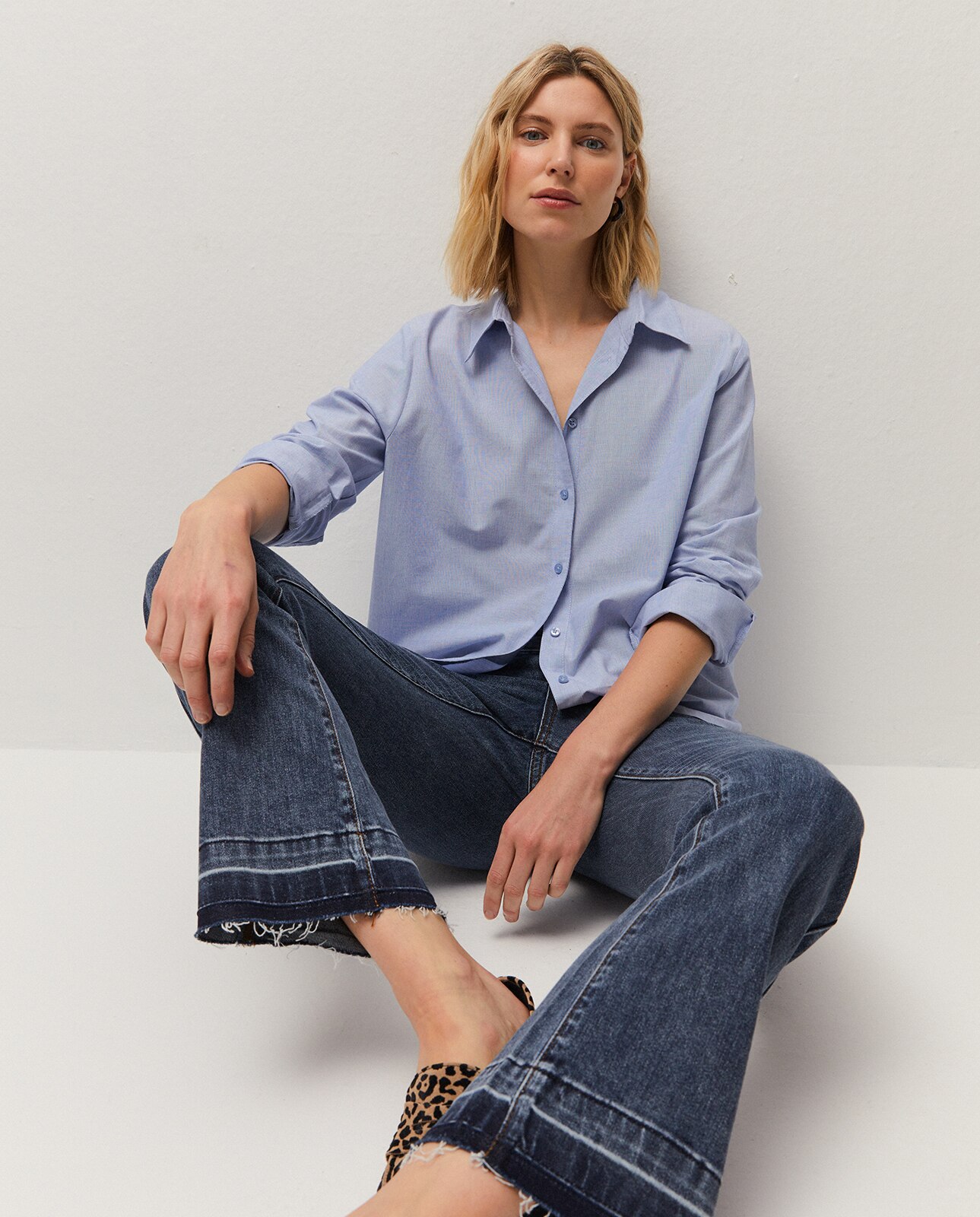 Camisa de Fio com Decote Tipo Camisa Azul-índigo-4