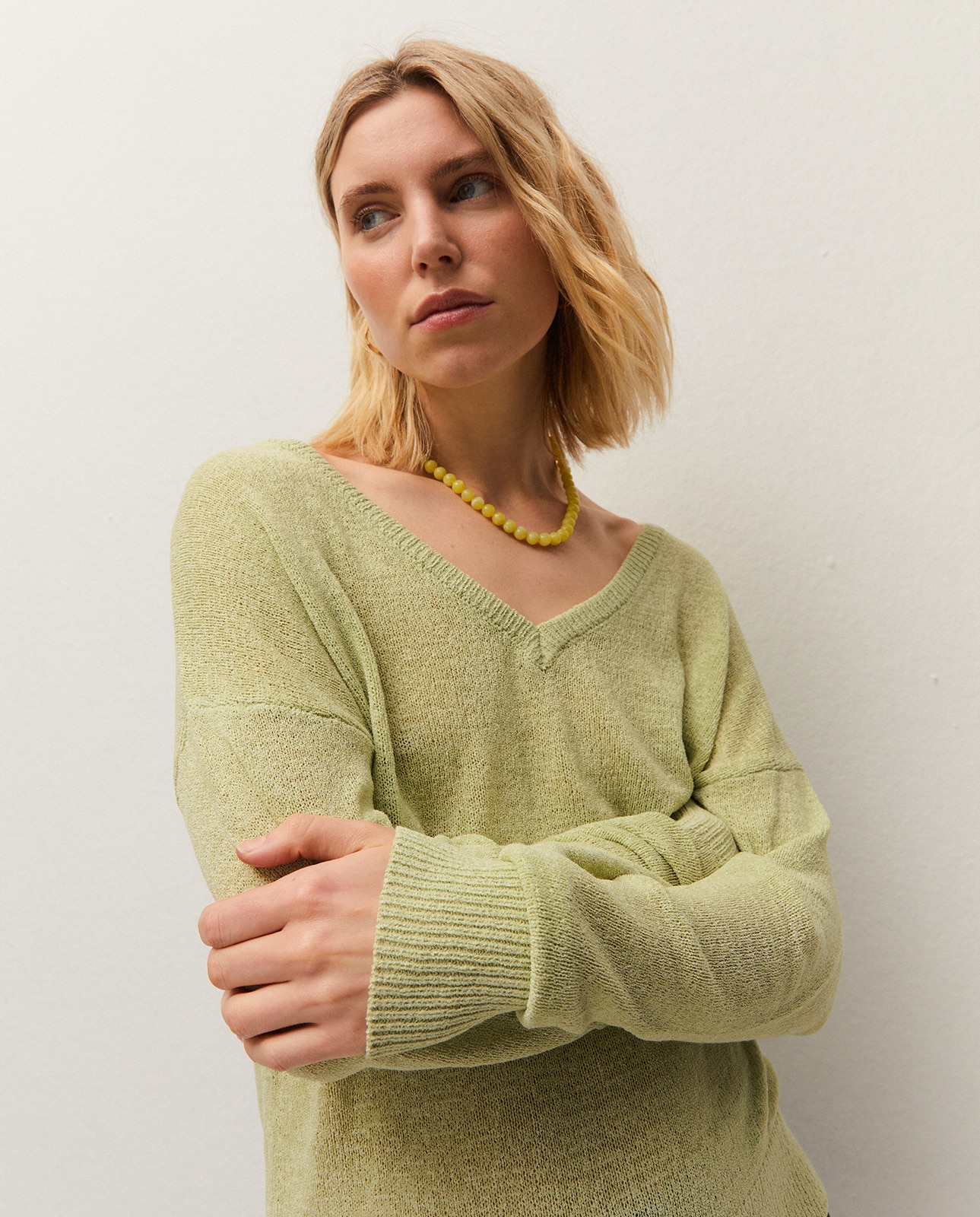 Camisola de Gola em V e Manga Comprida Verde-claro-4