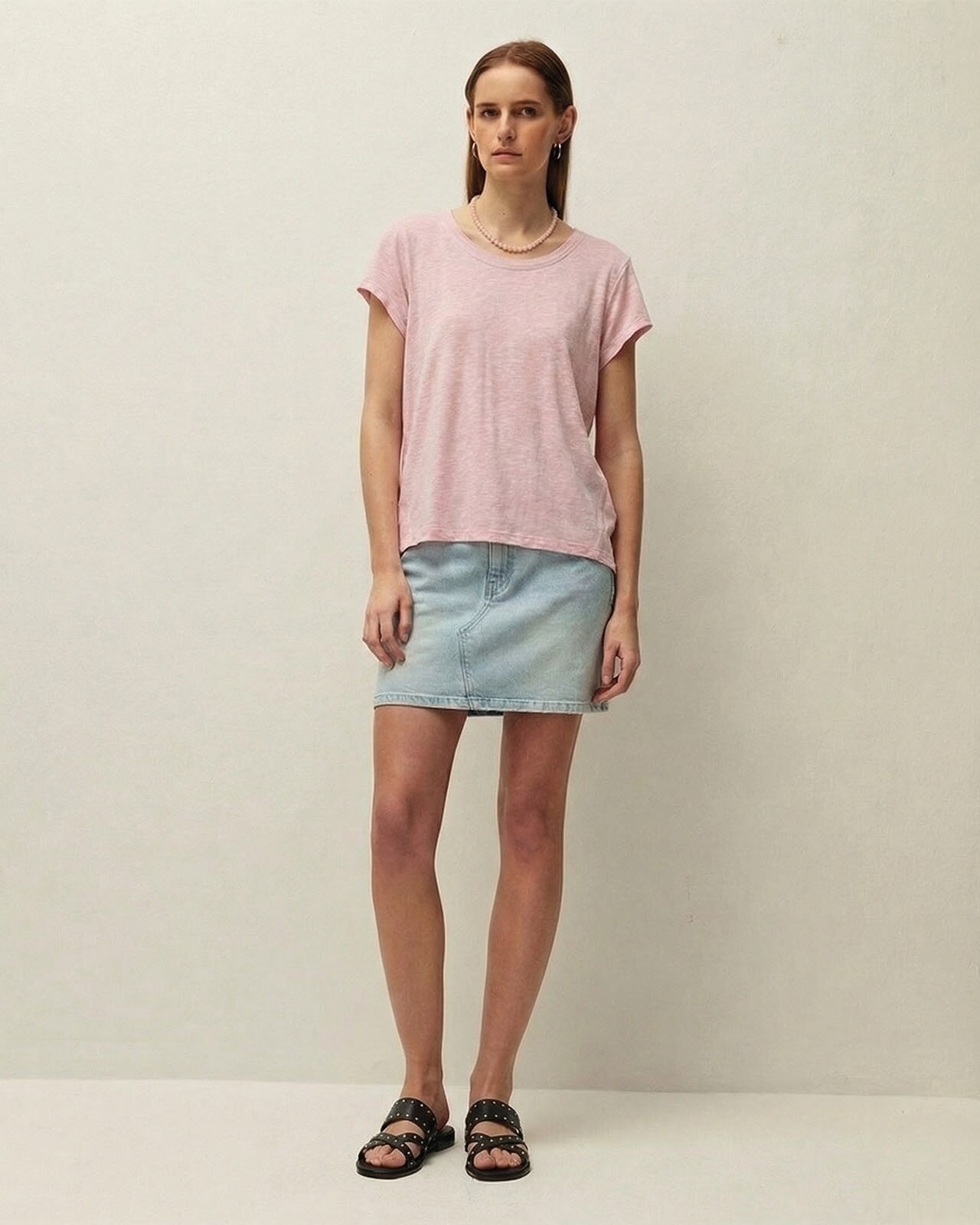 T-shirt com Detalhe de Fio em Contraste e com Decote Redondo Rosa-3