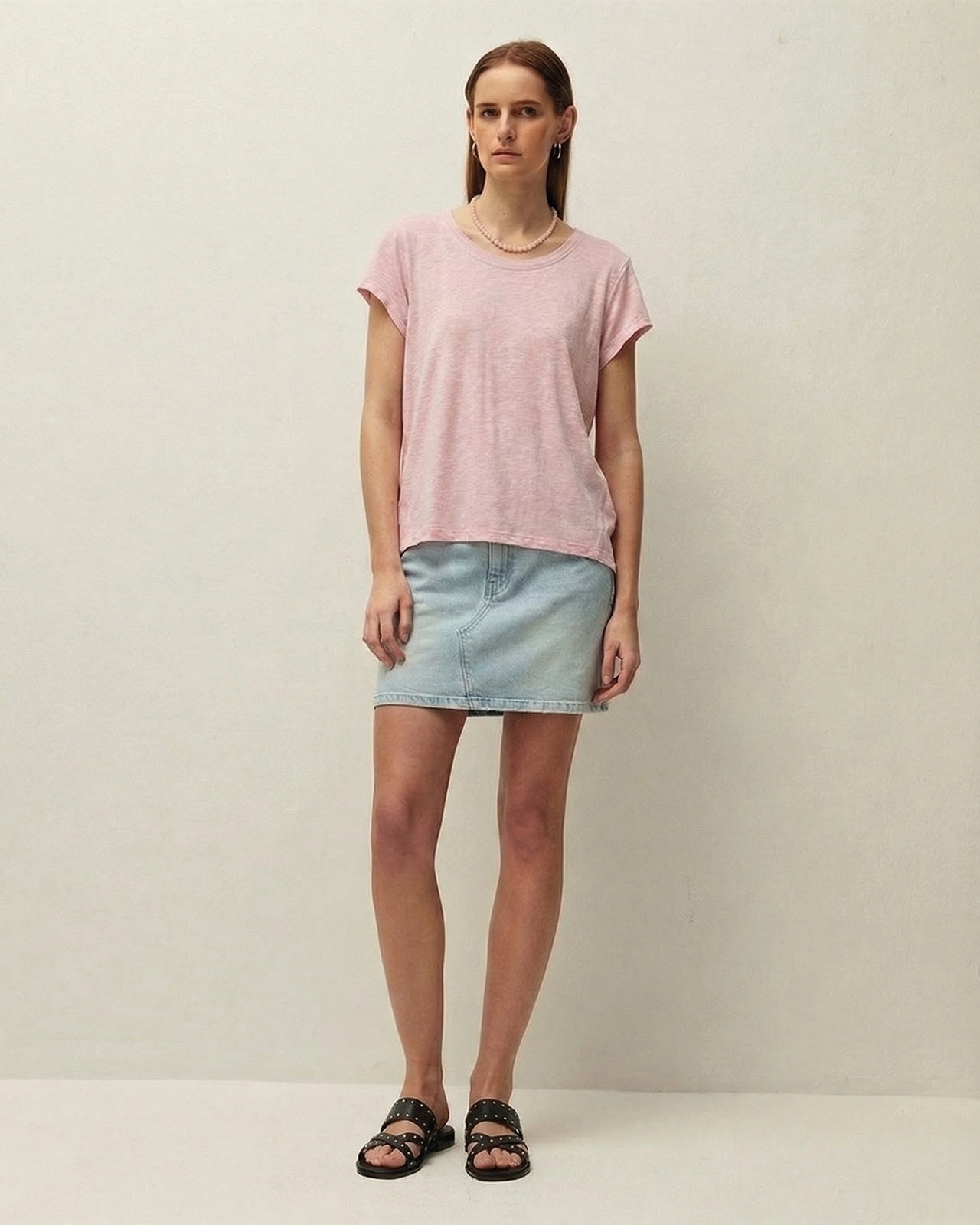 T-shirt com Detalhe de Fio em Contraste e com Decote Redondo Rosa-3