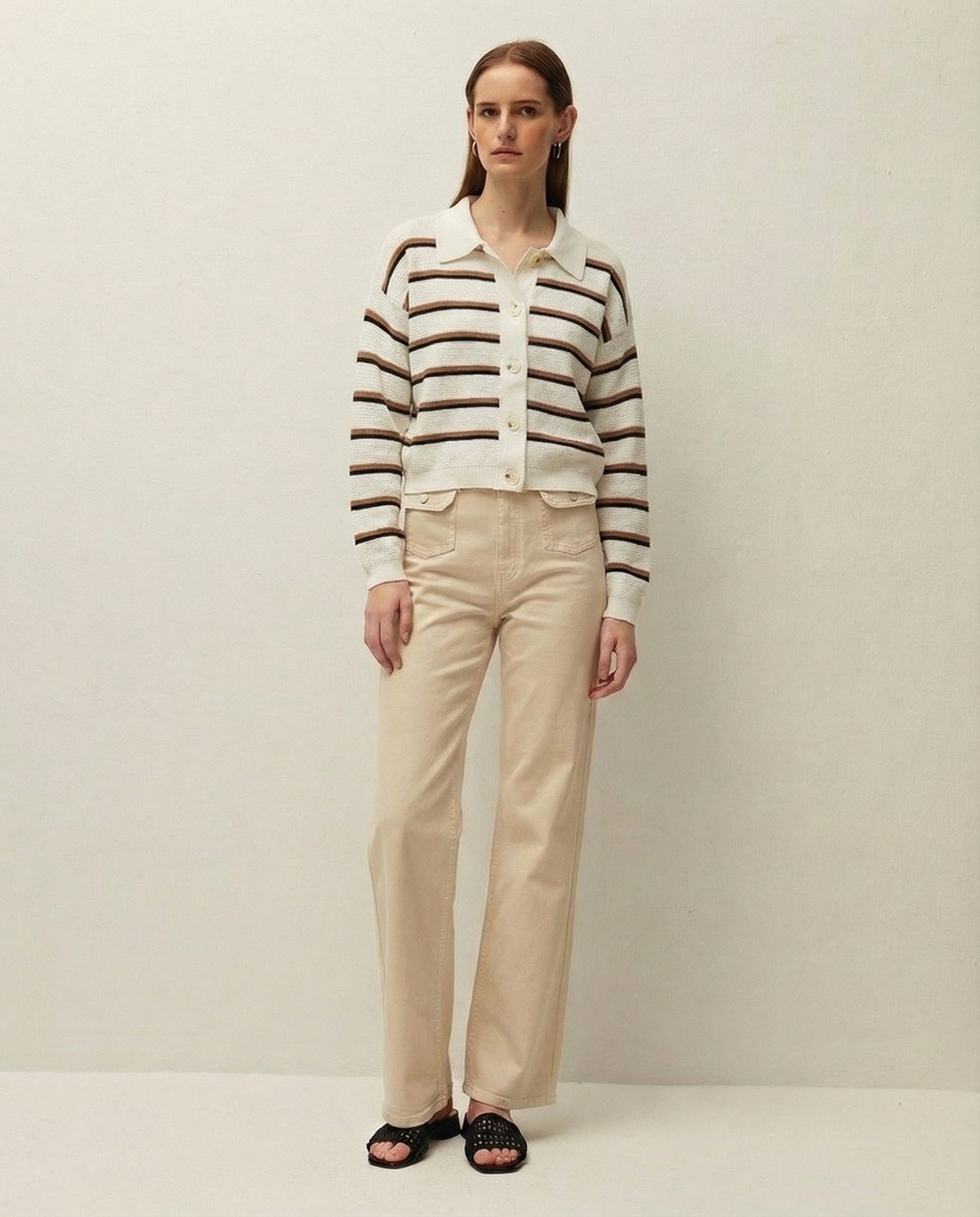 Cardigan com Riscas e Decote Polo Cru-3