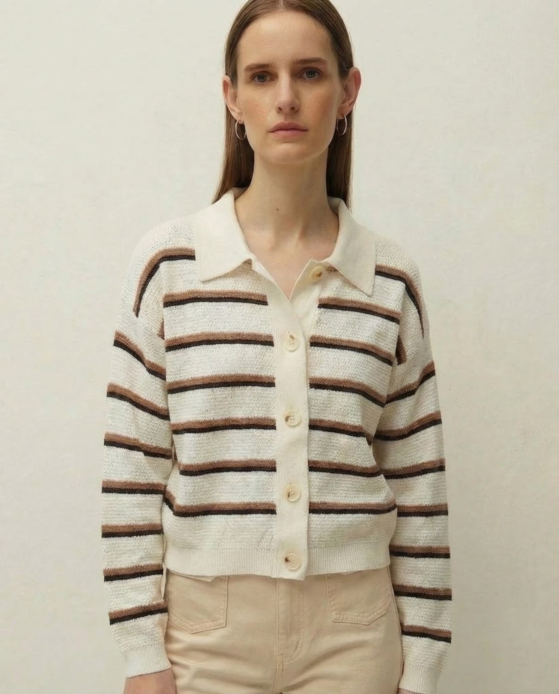 Cardigan com Riscas e Decote Polo Cru-4