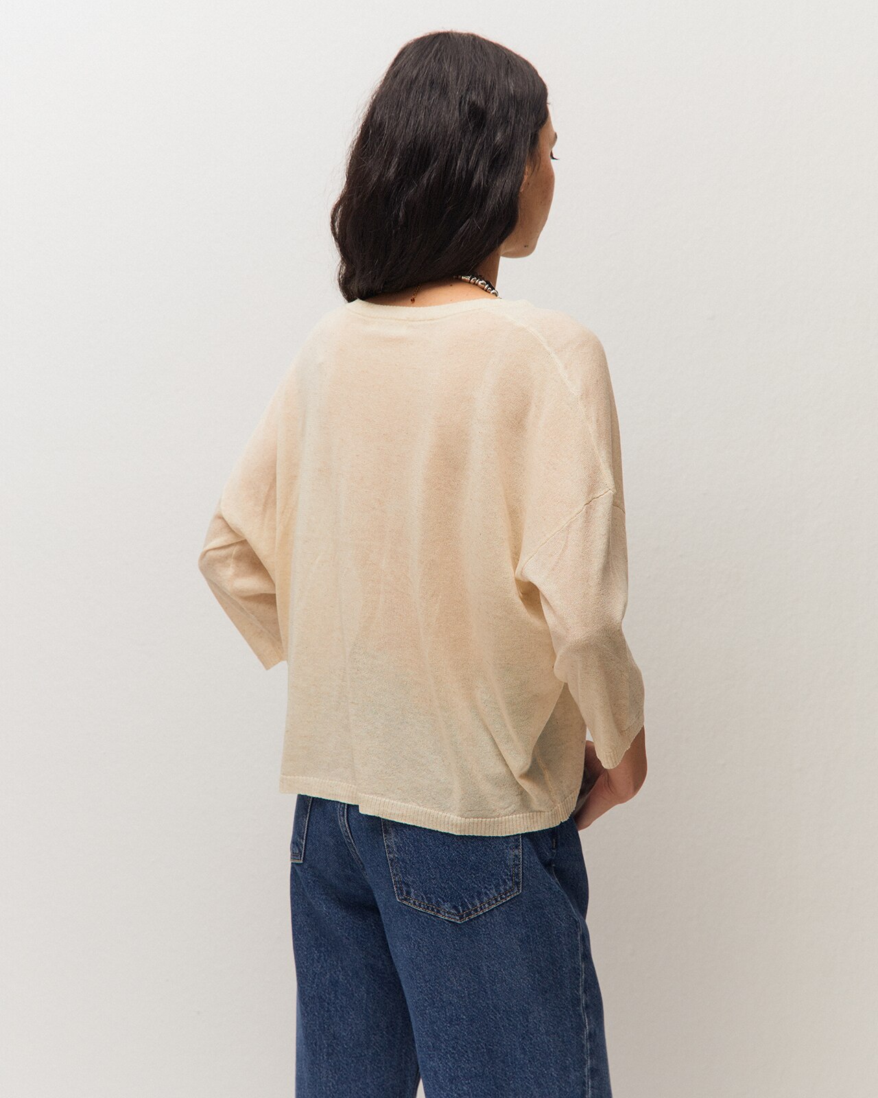 Camisola de Manga Comprida e Decote Redondo Bege-3