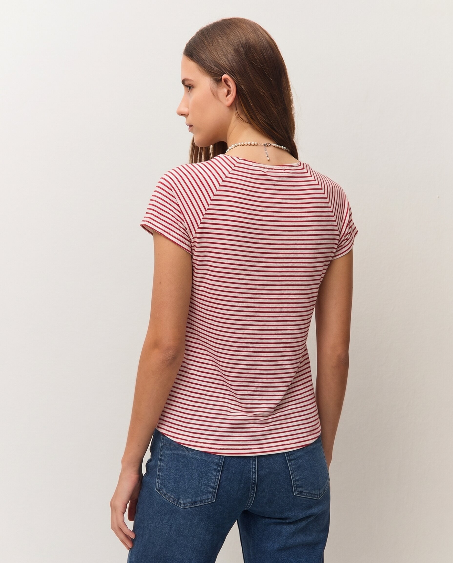 T-shirt Às Riscas com Efeito Evasé e Manga Curta Vermelho-3