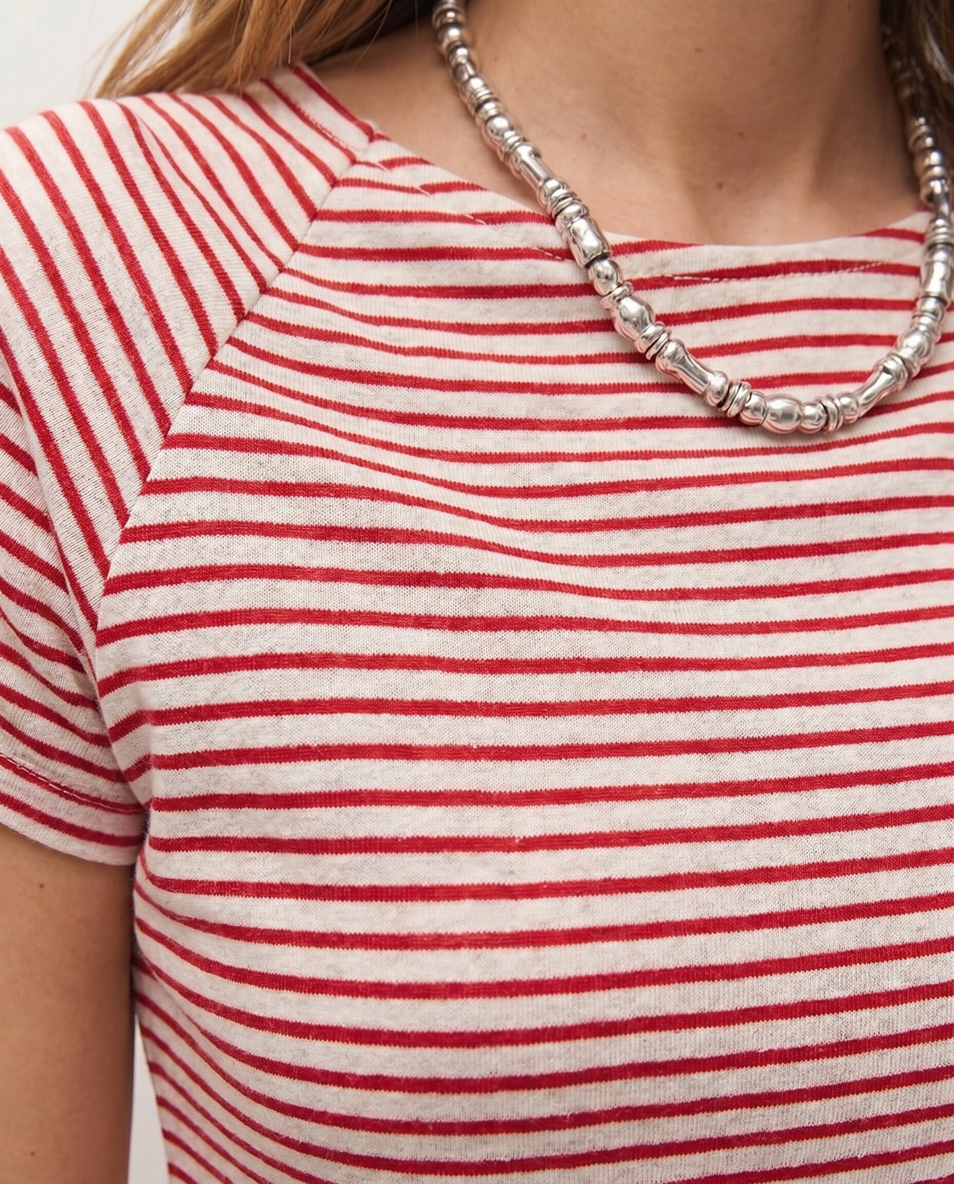 T-shirt Às Riscas com Efeito Evasé e Manga Curta Vermelho-5
