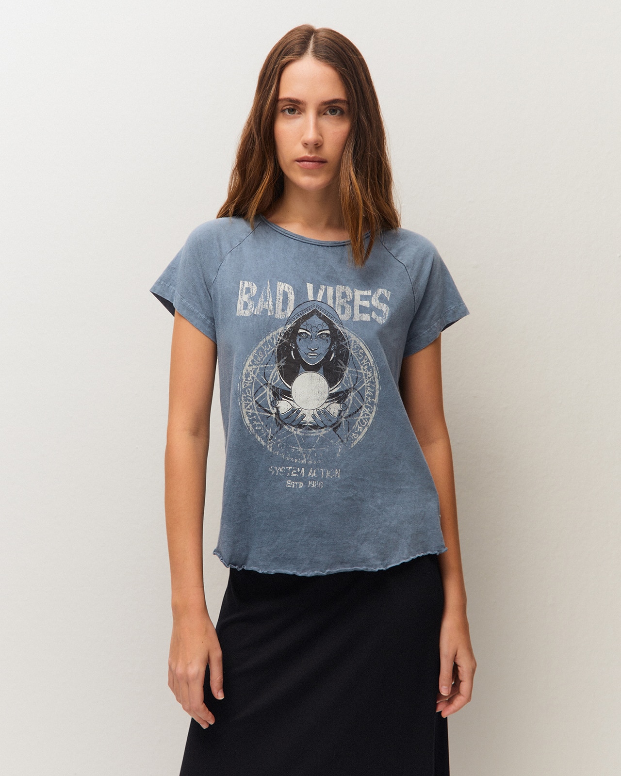 T-shirt com Efeito Delavado com Estampado Frontal Índigo-2