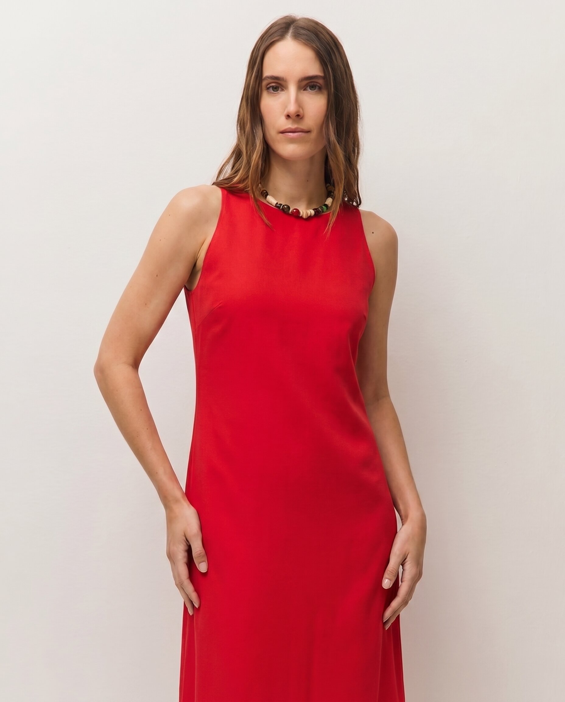 Vestido Comprido de Alças com Fecho Zip Invisível nas Costas Vermelho-2
