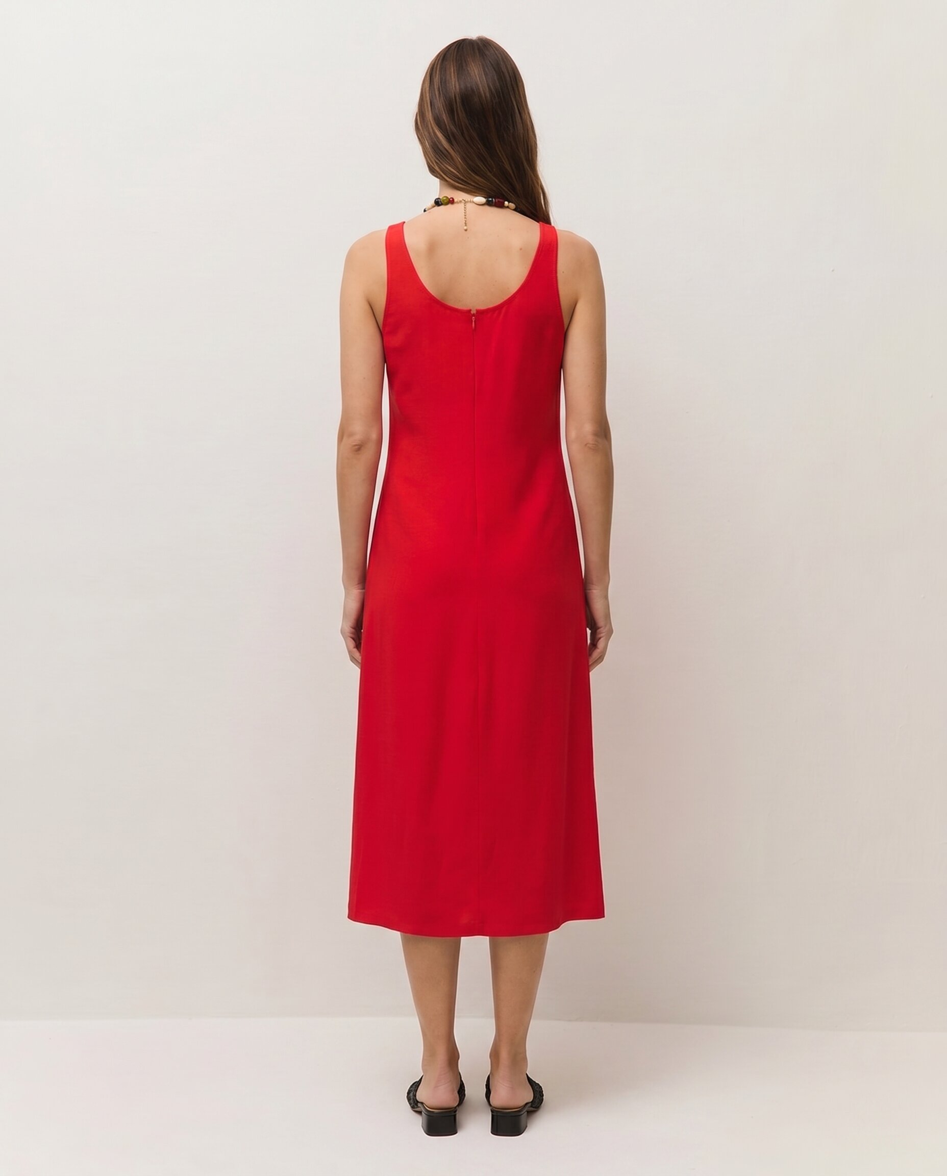 Vestido Comprido de Alças com Fecho Zip Invisível nas Costas Vermelho-3