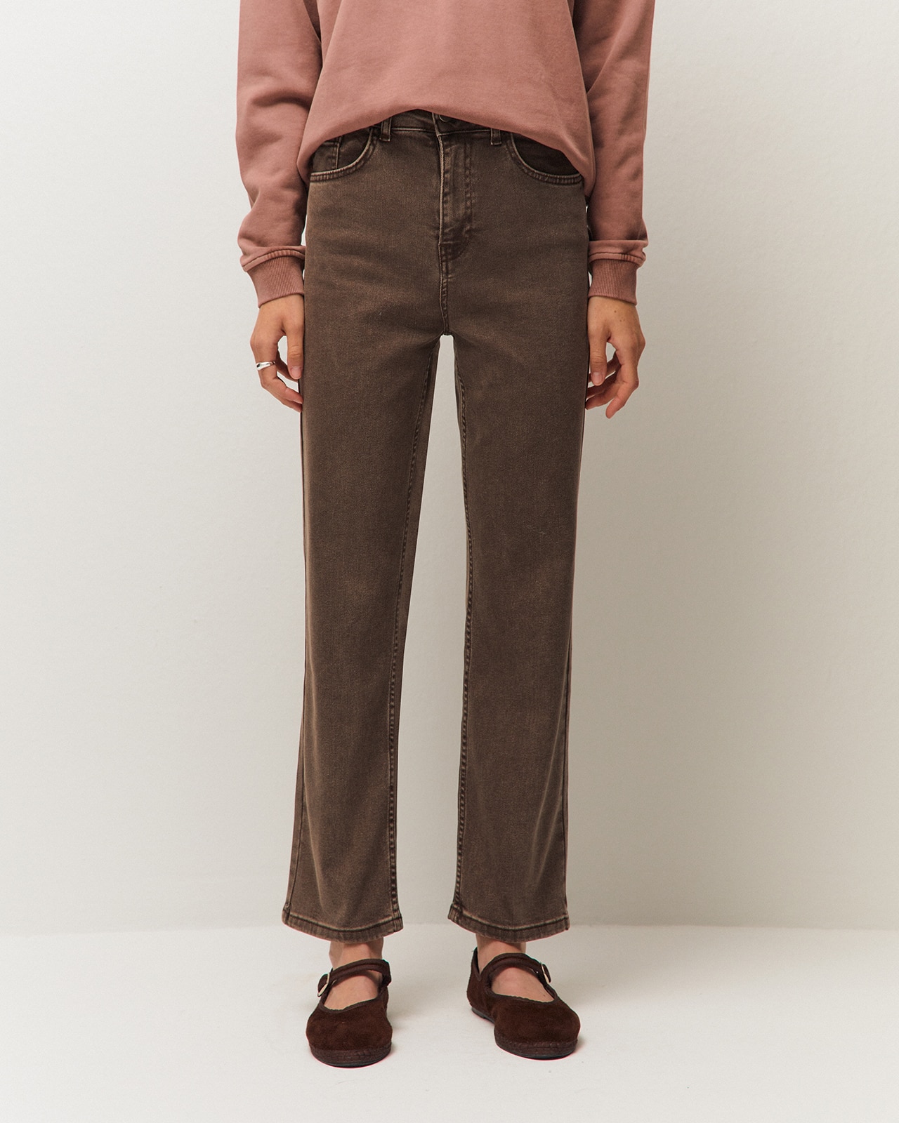 Calças Jeans Skinny de Cintura Média com Presilhas Castanho-2