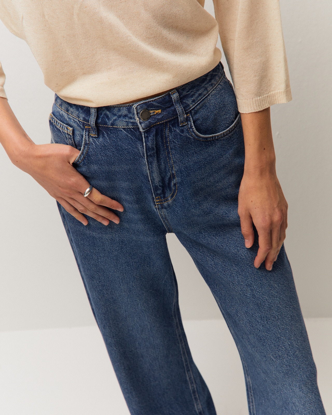 Calças Jeans Wide Leg de Cintura Média Índigo-4