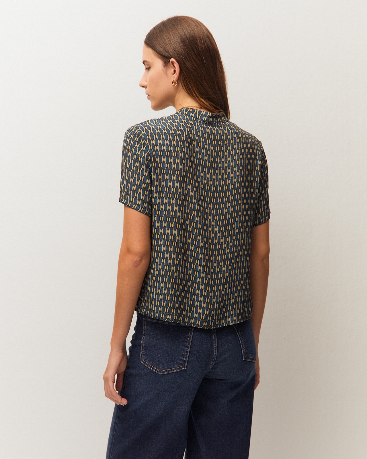 Camisa em Gola À Padre com Estampado Geométrico Índigo-3