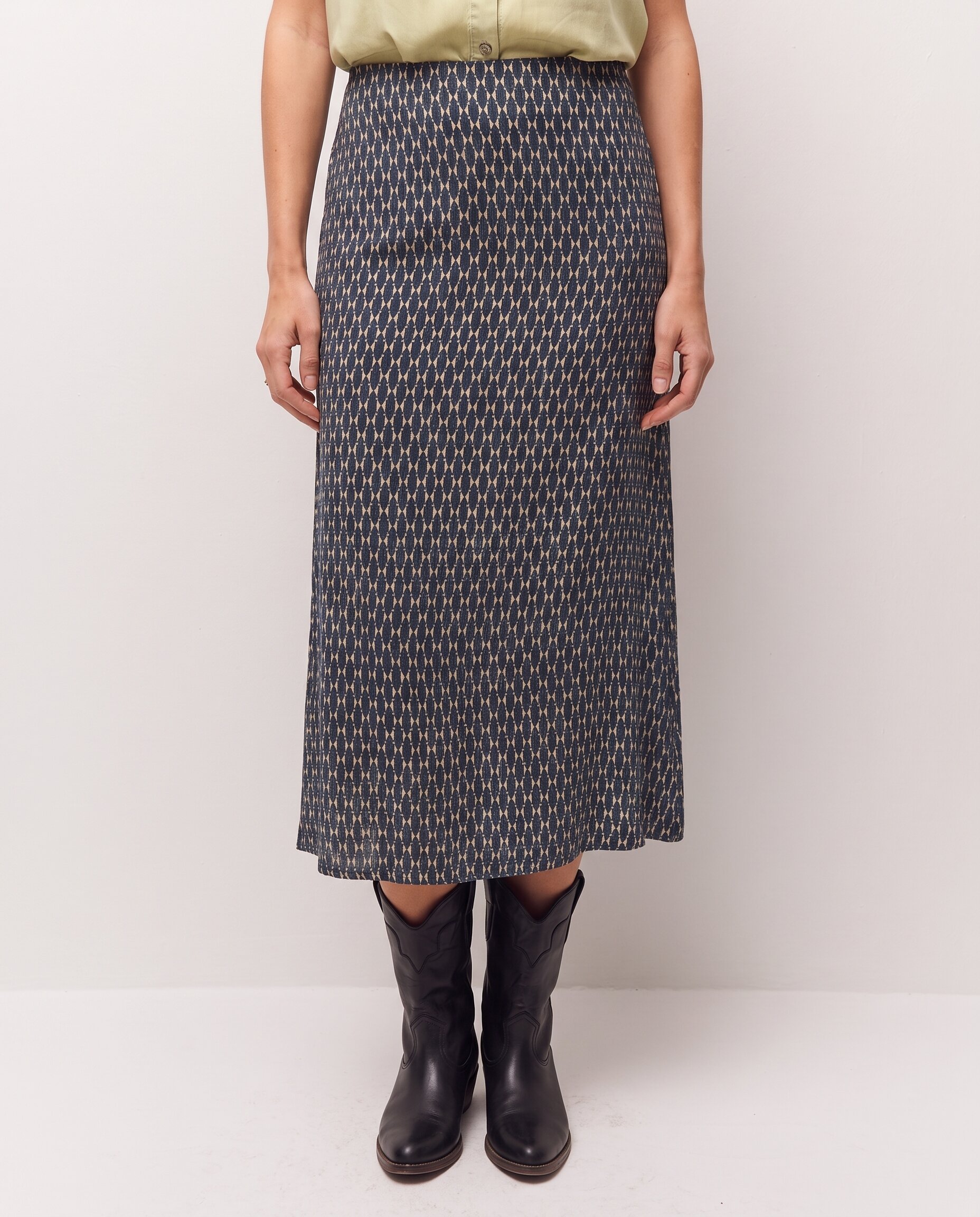 Saia Midi com Estampado Geométrico Azul-índigo-2