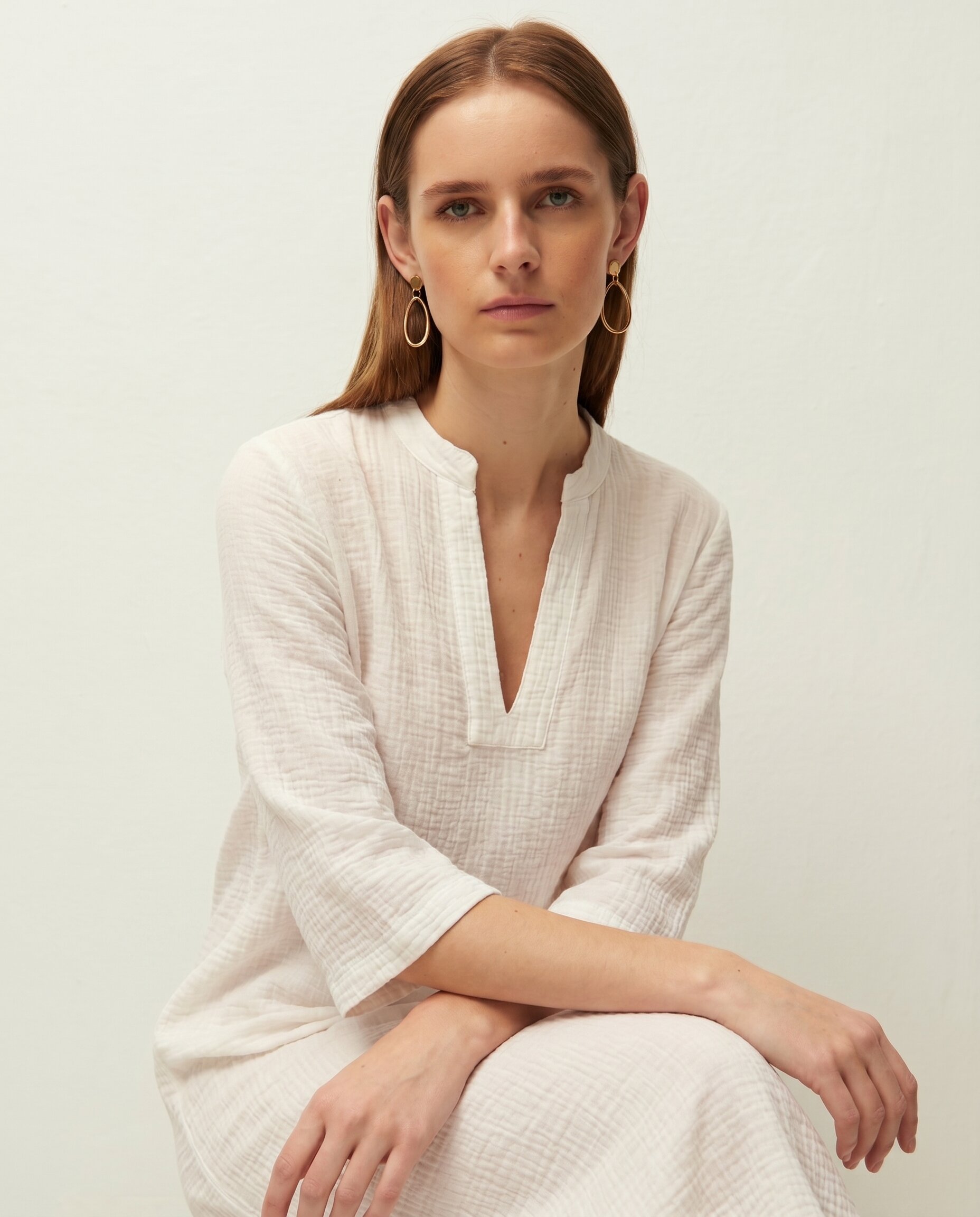 Vestido Midi Kaftan com Aberturas Laterais e Decote Mao Branco-4