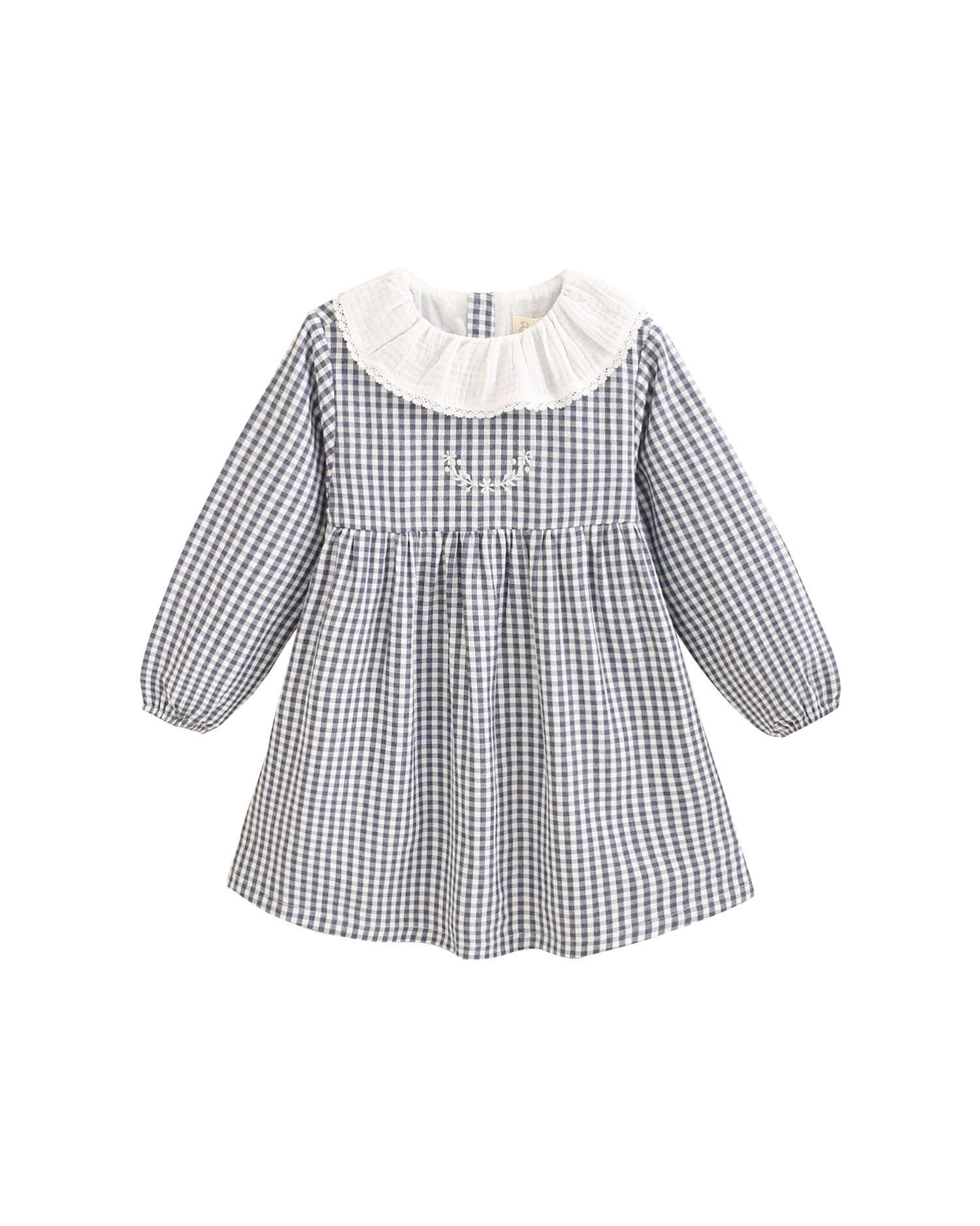 Vestido Infantil Aos Quadrados Vichy com Gola Folho Azul-4