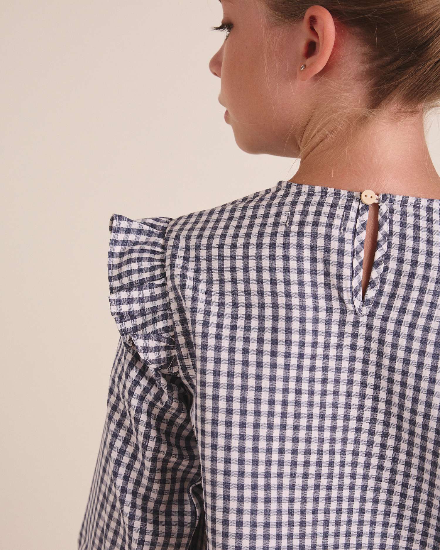 Blusa de Manga Comprida Infantil Aos Quadrados Vichy com Peito Elástico Azul-2