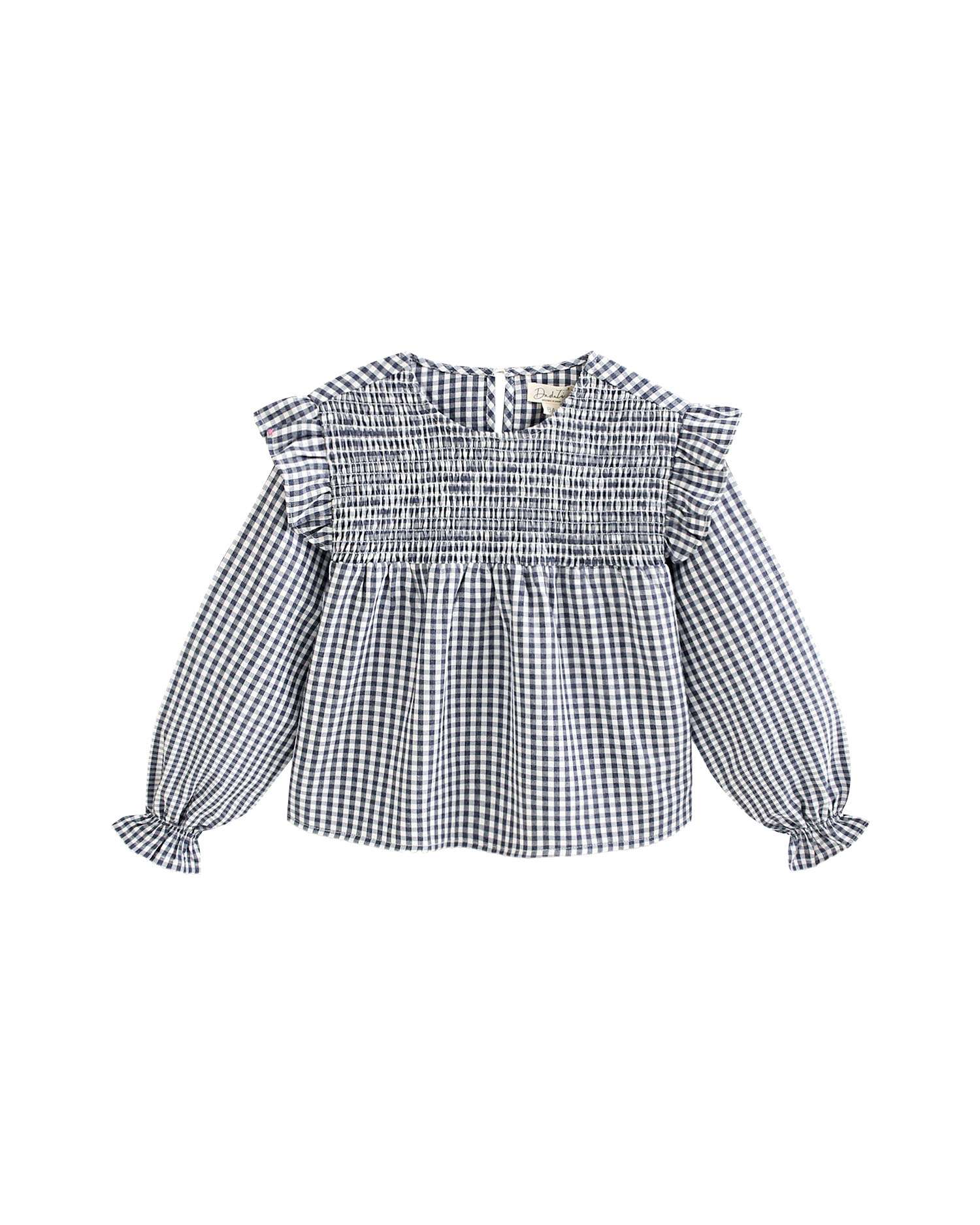 Blusa de Manga Comprida Infantil Aos Quadrados Vichy com Peito Elástico Azul-4