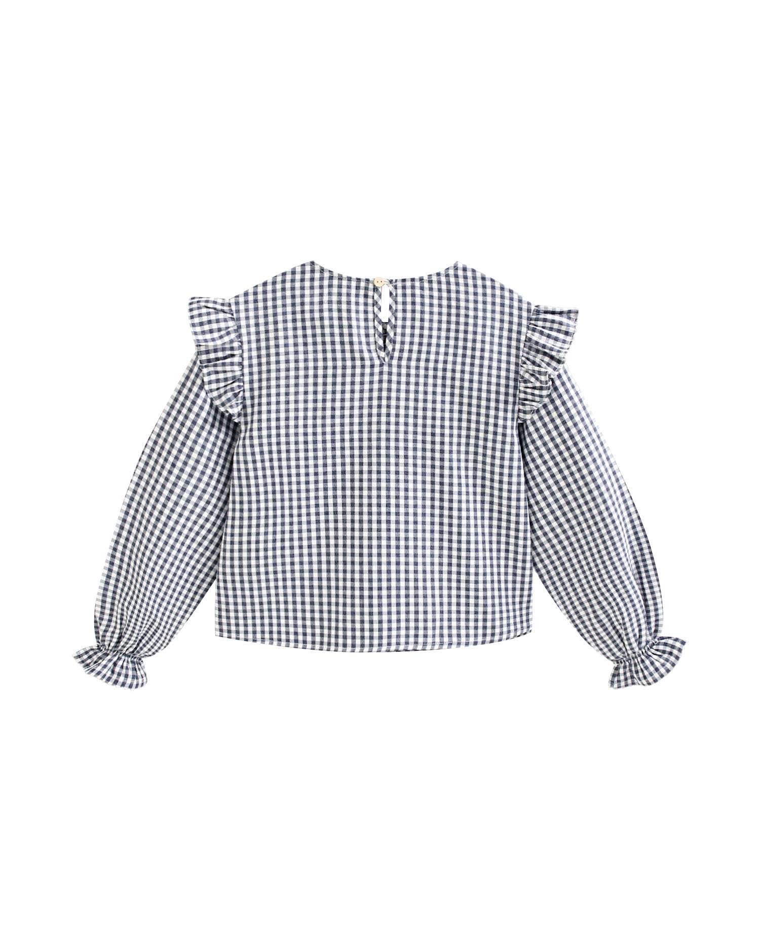 Blusa de Manga Comprida Infantil Aos Quadrados Vichy com Peito Elástico Azul-5