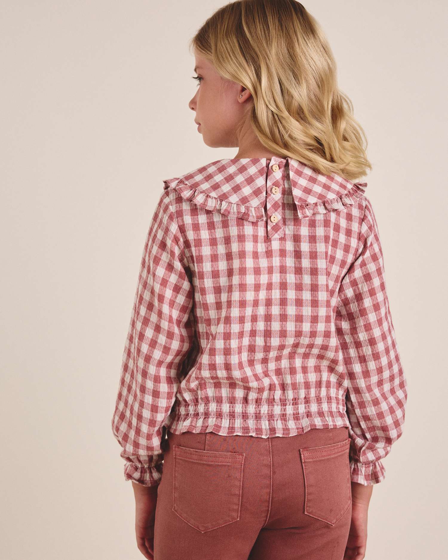 Blusa de Manga Comprida Infantil com Gola Peter Pan Aos Quadrados Vichy Rosa-3