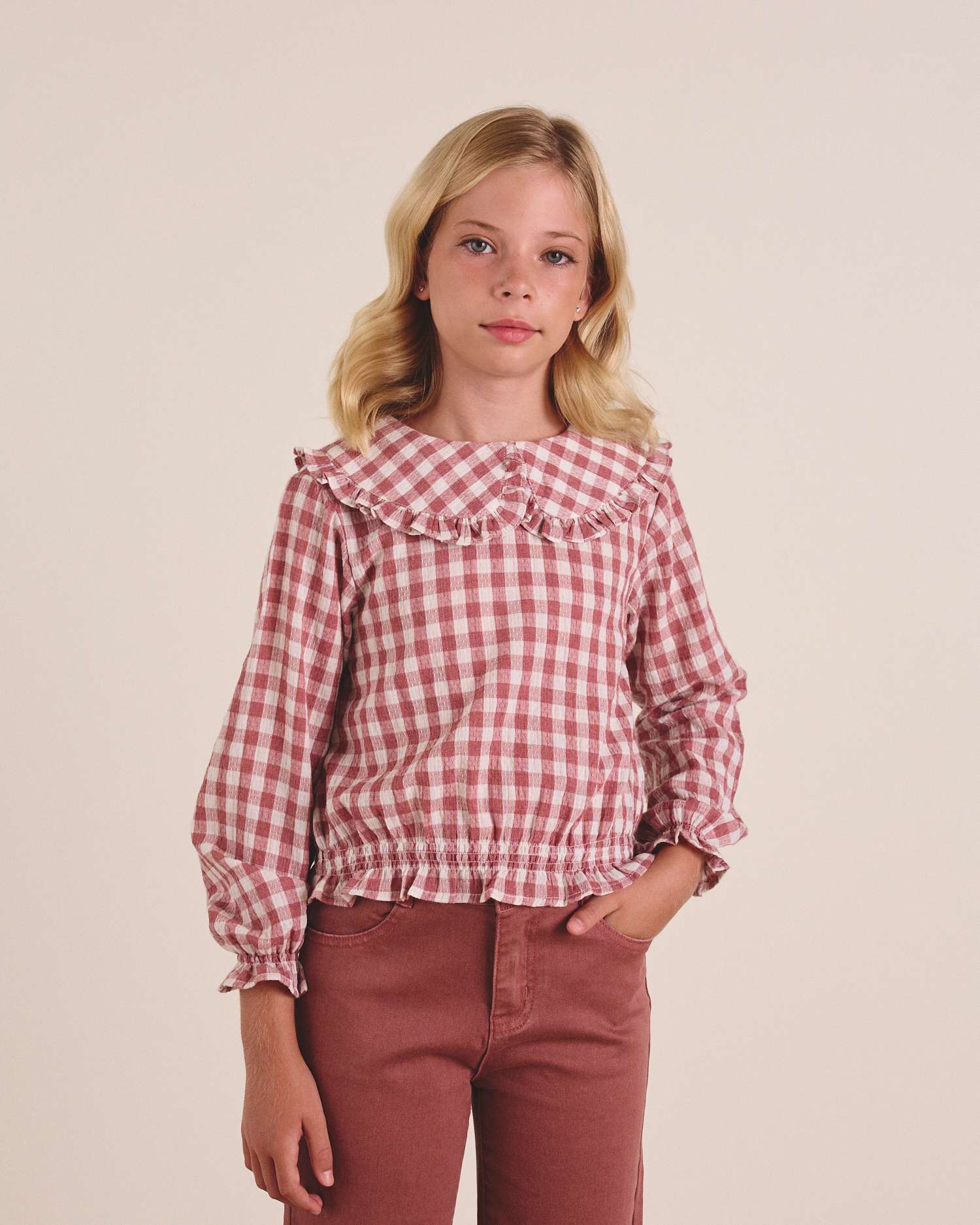 Imagem 0 de Blusa de Manga Comprida Infantil com Gola Peter Pan Aos Quadrados Vichy