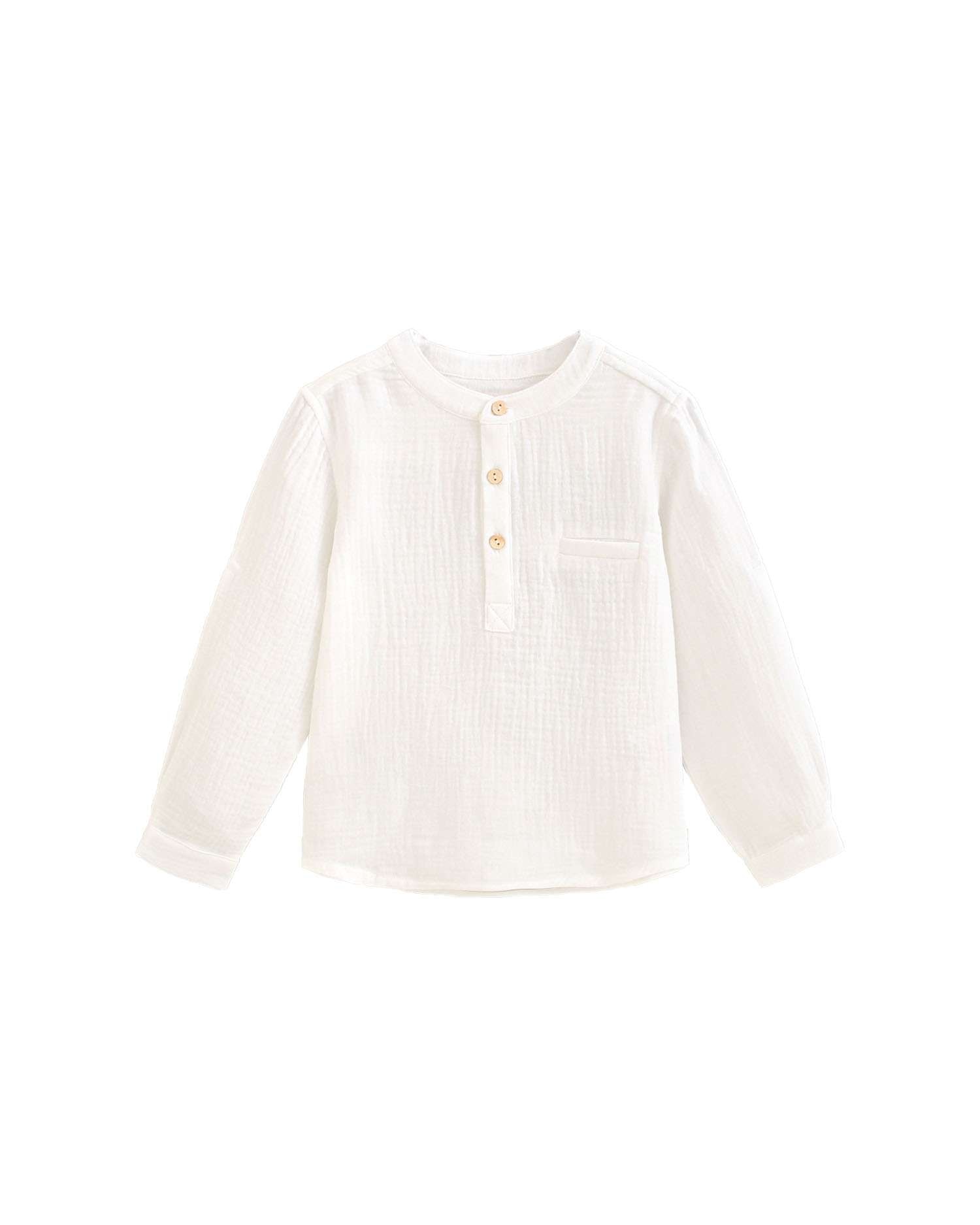 Camisa de Manga Comprida Infantil de Gola À Padre de Bambula Branco-1