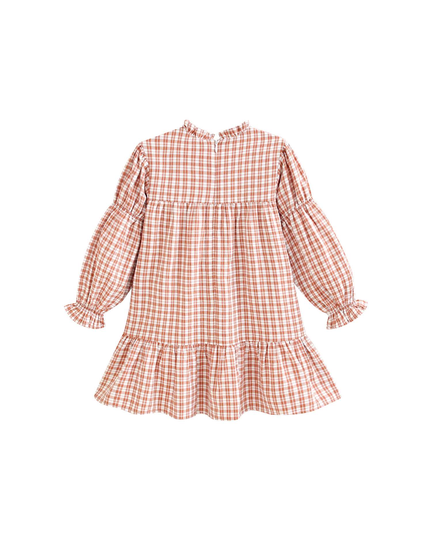 Vestido Infantil Aos Quadrados Bicolor com Manga Comprida Abalonada Rosa-5