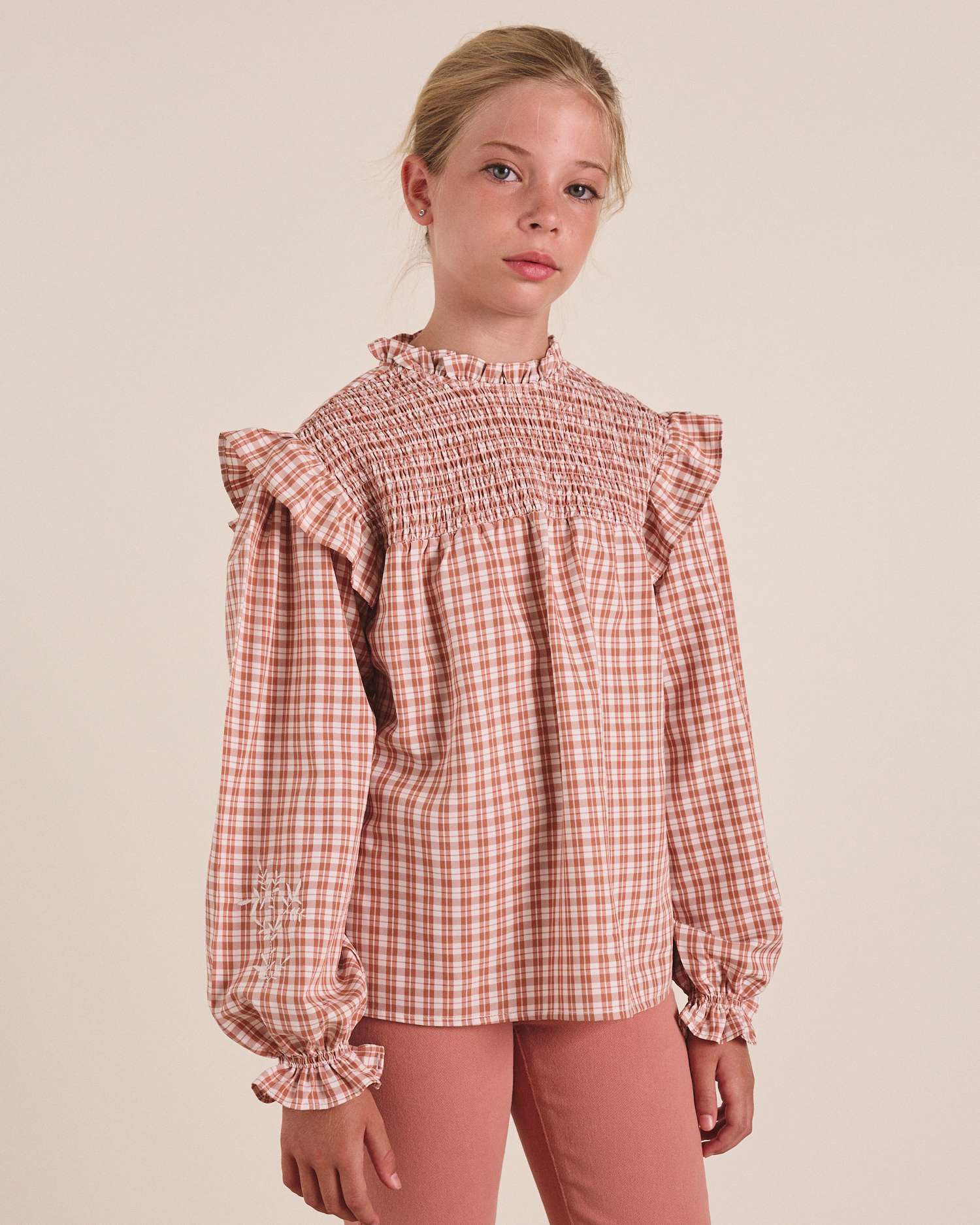 Blusa de Manga Comprida Infantil Aos Quadrados Bicolor com Peito Elástico Rosa-2
