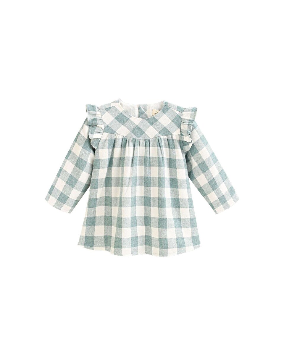 Vestido de Flanela para Bebé Aos Quadrados Vichy em Verde Água e Branco Verde-1