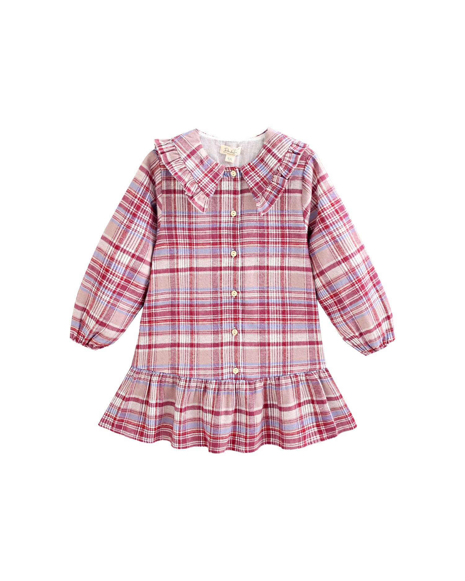 Vestido de Flanela Infantil Aos Quadrados com Gola Peter Pan Rosa-1