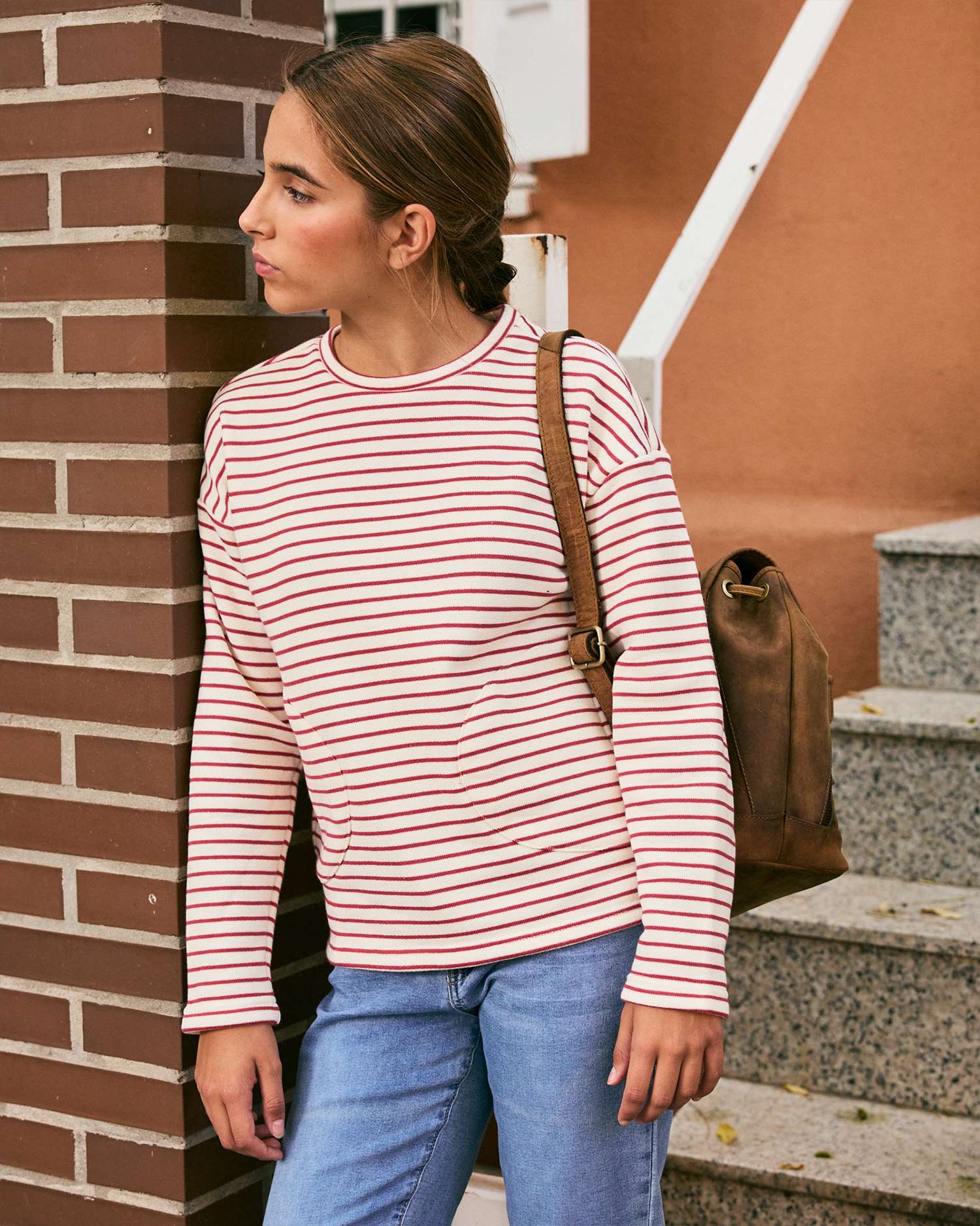 Sweatshirt Infantil Às Riscas Ys com Bolsos Vermelho-3