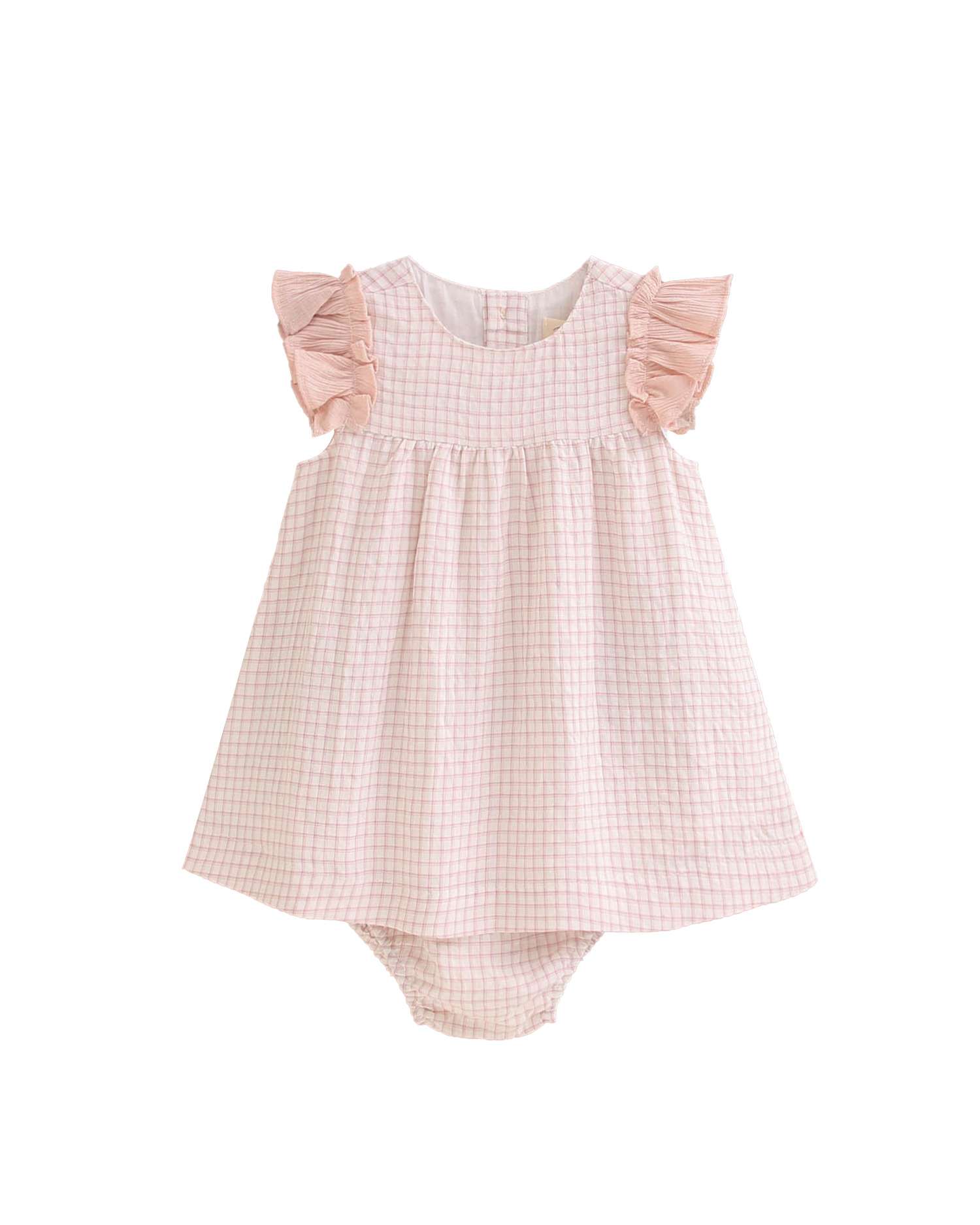 Vestido para Bebé Aos Quadrados com Folhos nos Ombros e Gola em Conjunto Dadati Rosa-claro-1