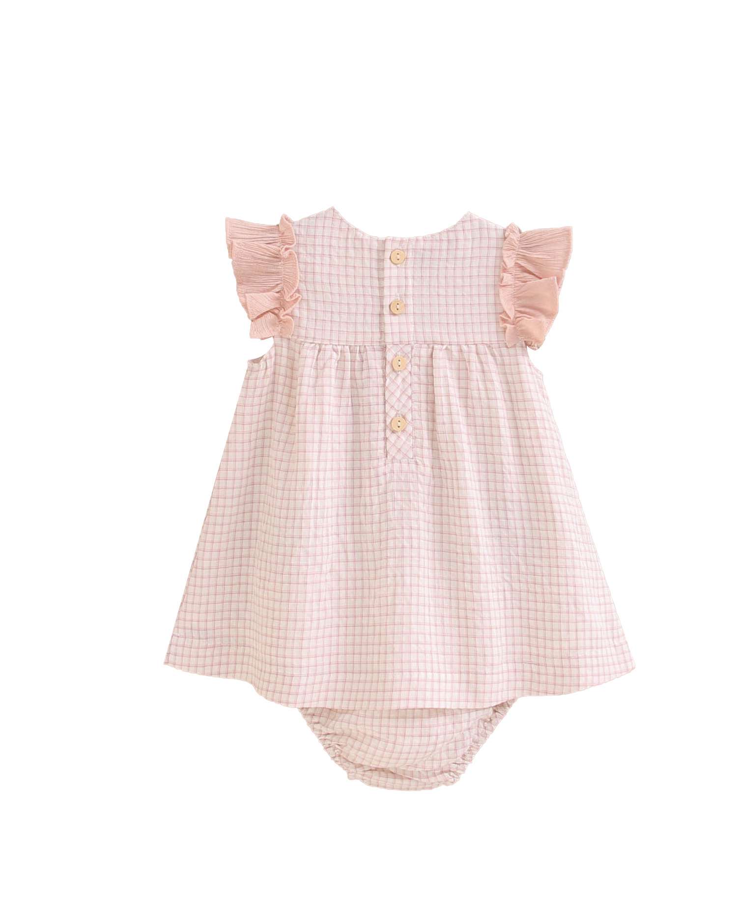 Vestido para Bebé Aos Quadrados com Folhos nos Ombros e Gola em Conjunto Dadati Rosa-claro-2